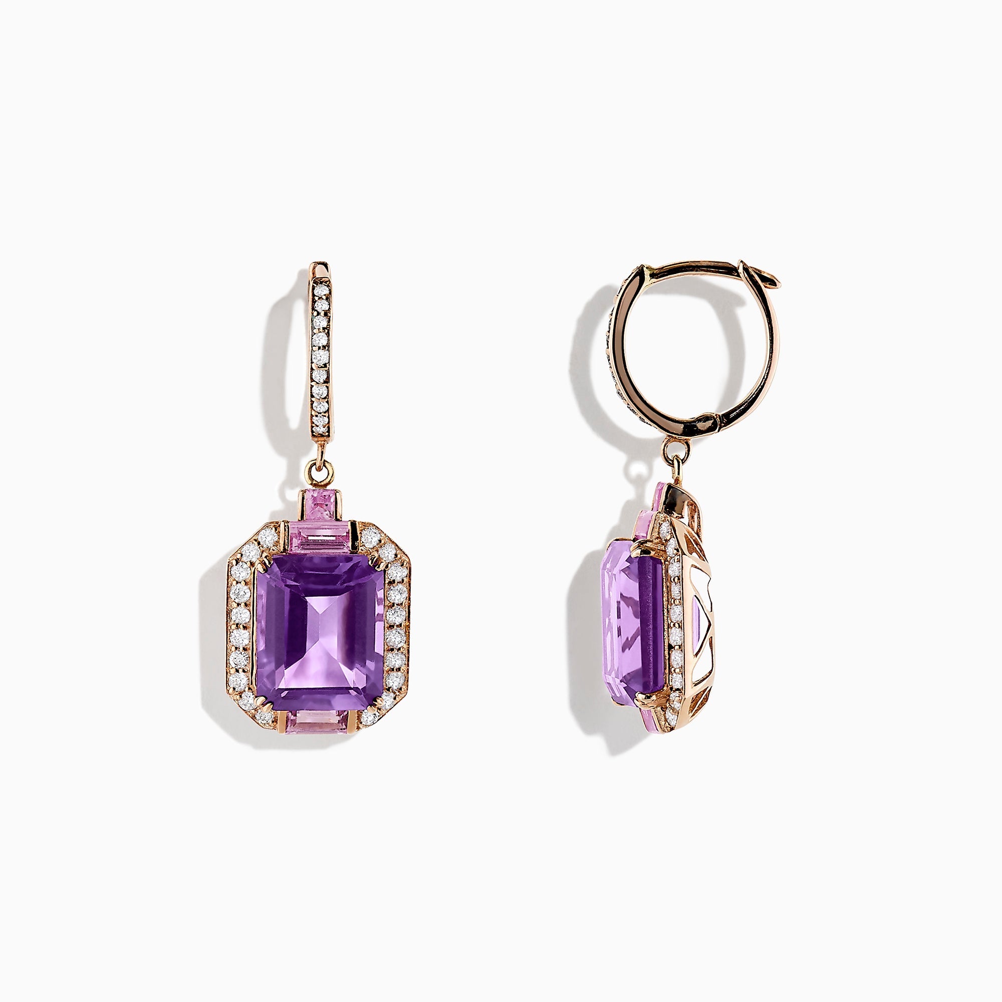 14K Rose Gold Amethyst, Pink Sapphire and Diamond Earrings, 7.04 TCW