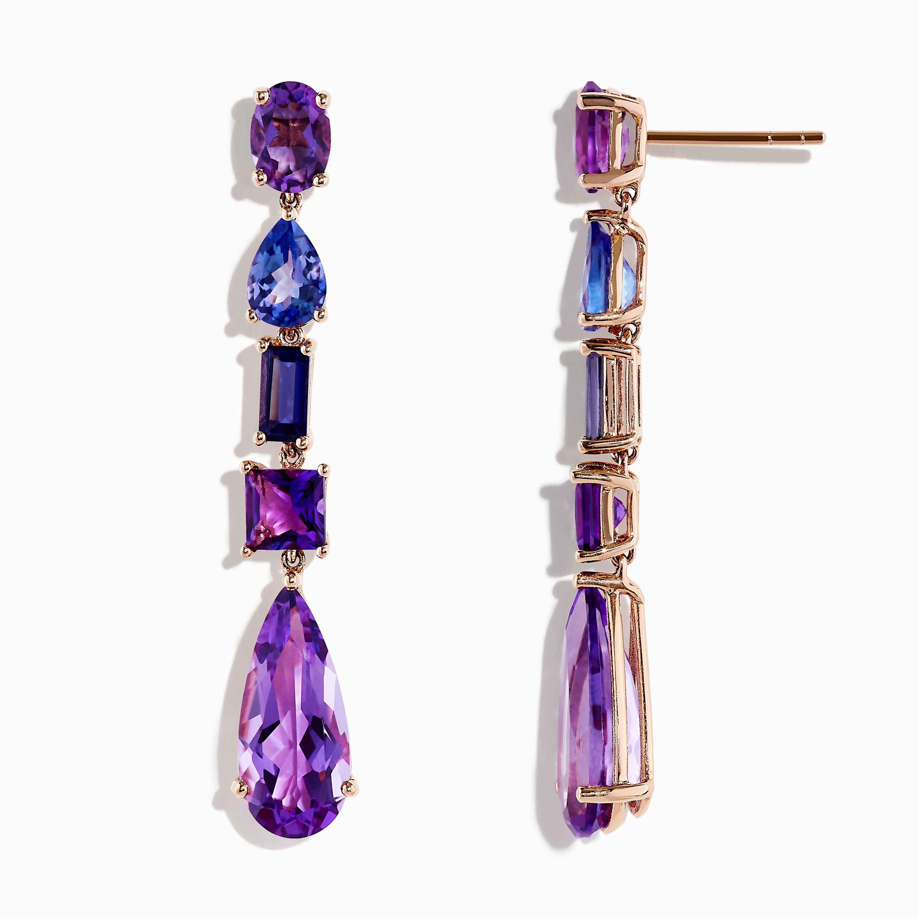 14K Rose Gold Iolite, Amethyst, and Tanzanite Earrings