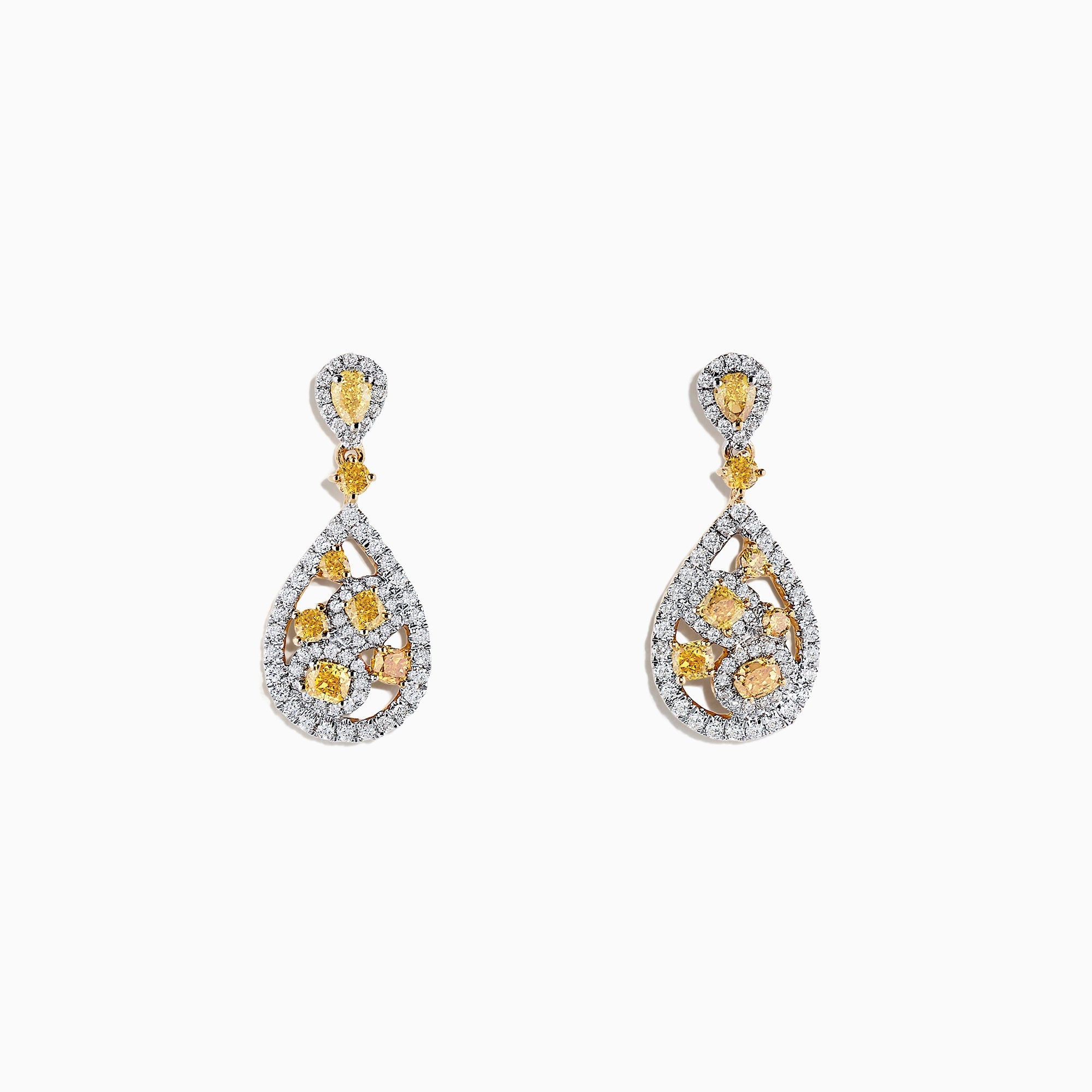 14K Two Tone Gold Yellow and White Diamond Drop Earrings, 1.40 TCW