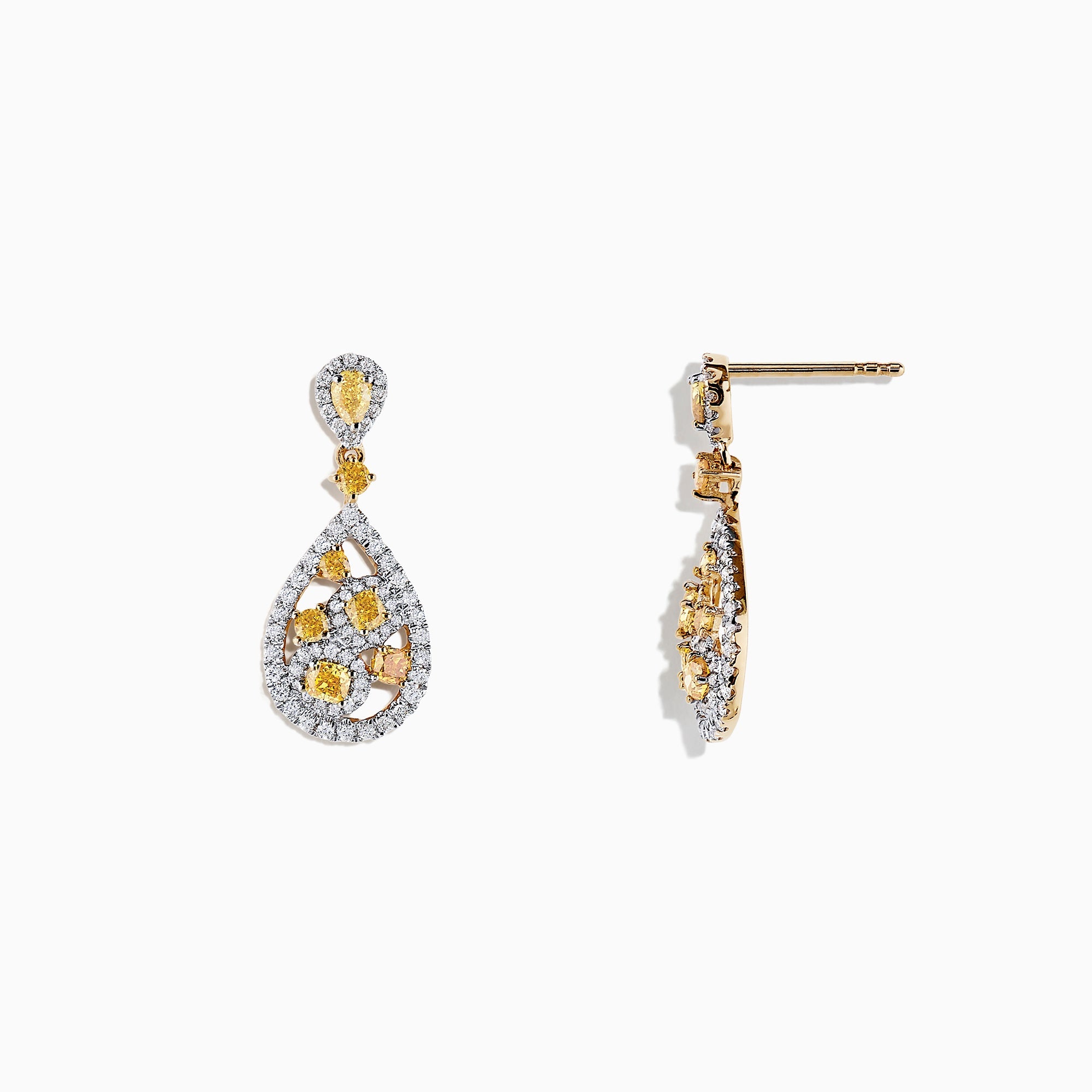 14K Two Tone Gold Yellow and White Diamond Drop Earrings, 1.40 TCW