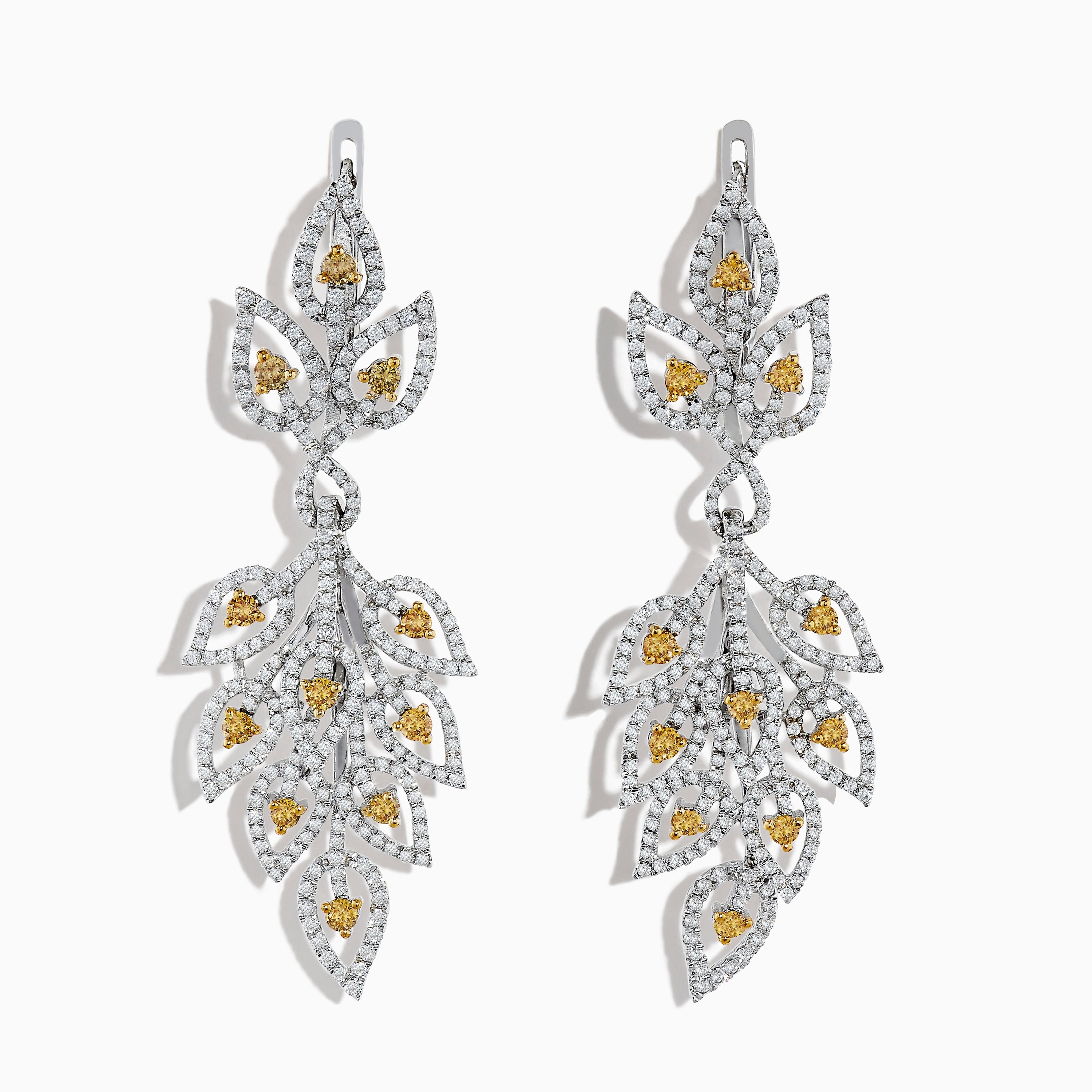 18K White Gold White and Fancy Yellow Diamond Leaf Drop Earrings, 2.75 TCW