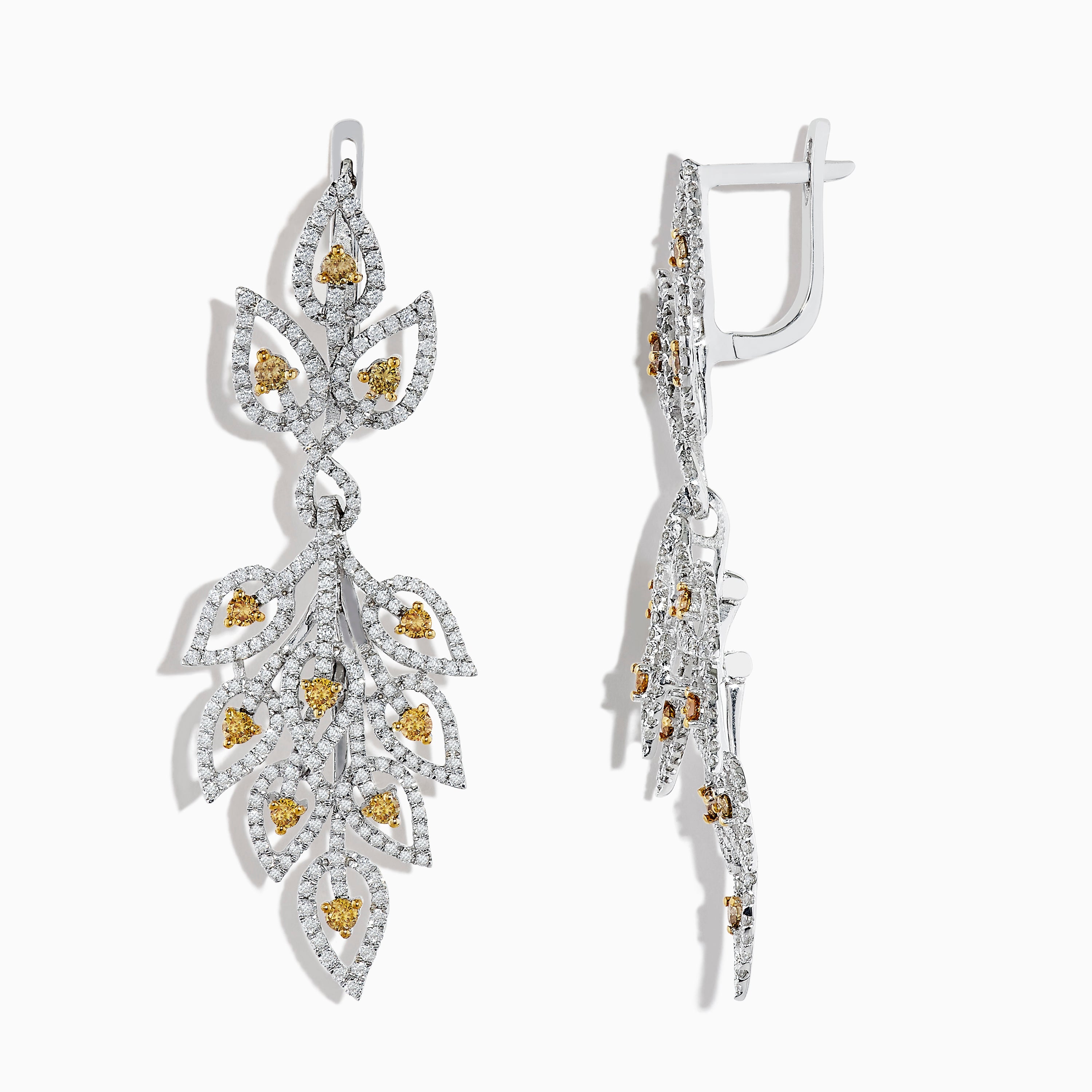 18K White Gold White and Fancy Yellow Diamond Leaf Drop Earrings, 2.75 TCW