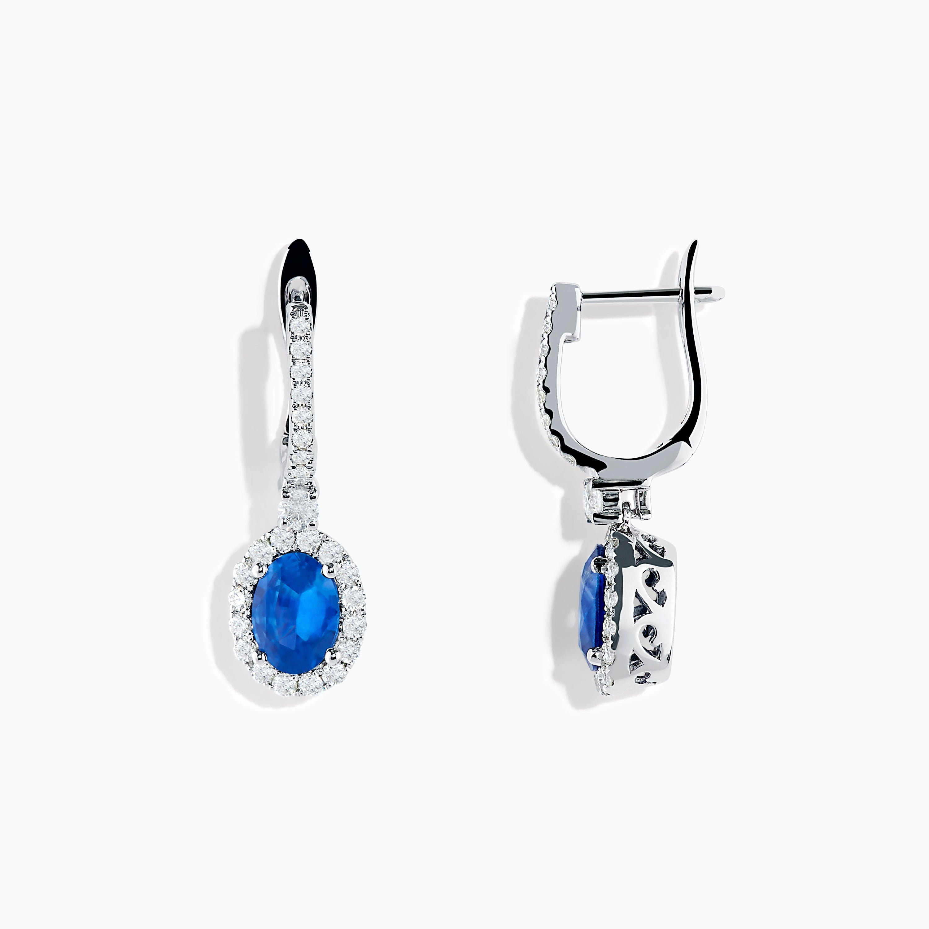 14K White Gold Oval Blue Sapphire and Diamond Drop Earrings