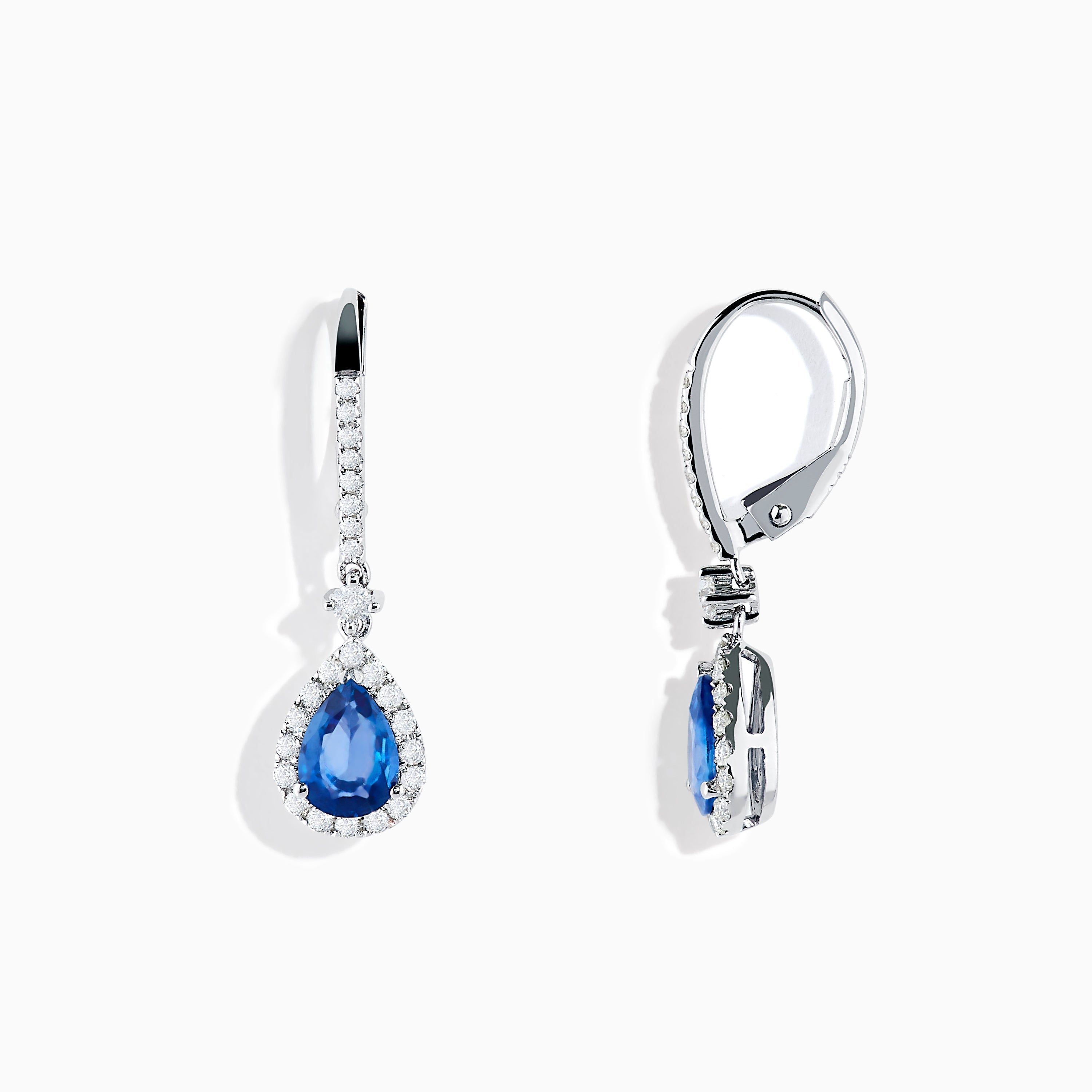 14K White Gold Pear Shape Blue Sapphire and Diamond Drop Earrings