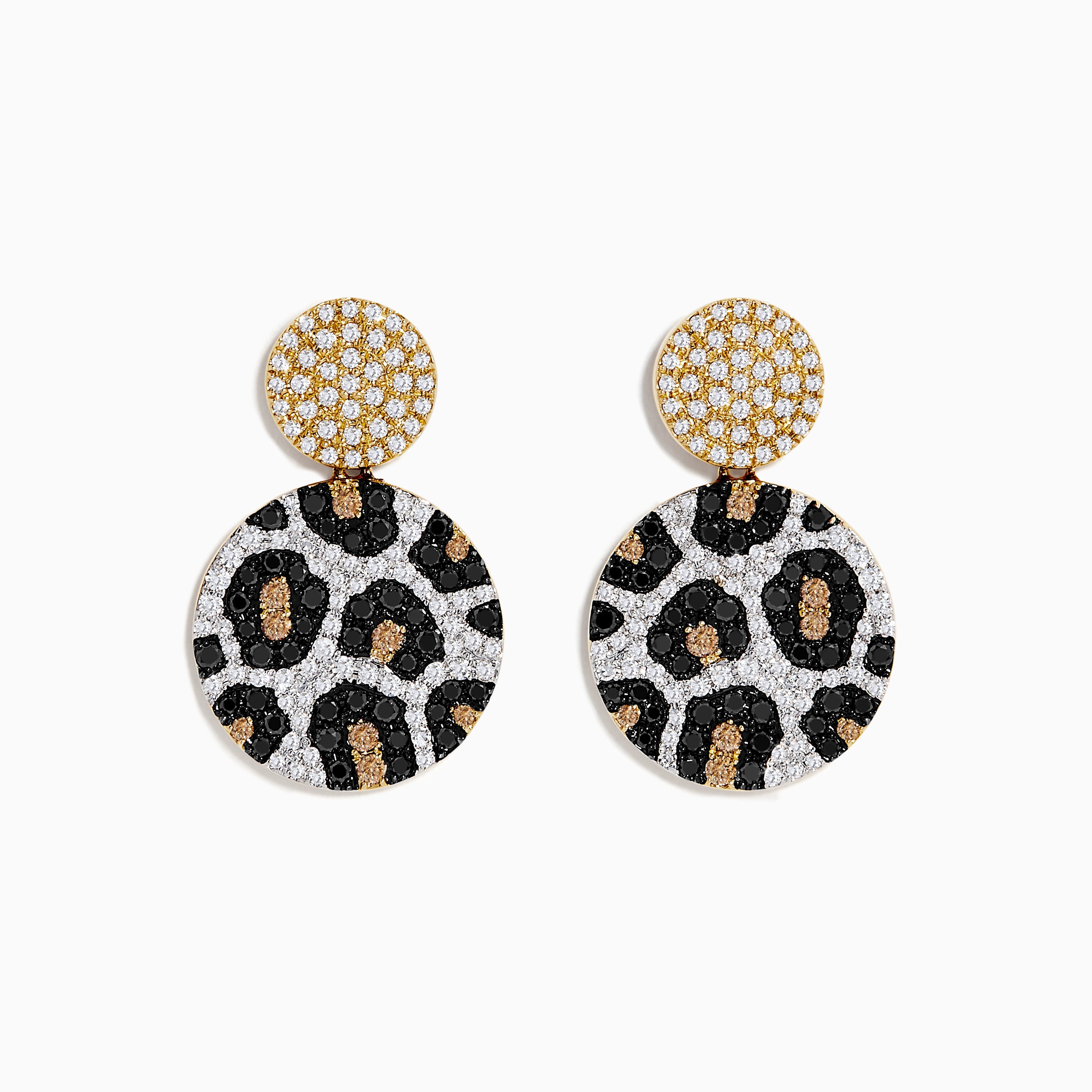 14K Gold Black, Espresso and White Diamond Panther Spot Drop Earrings, 1.57 TCW