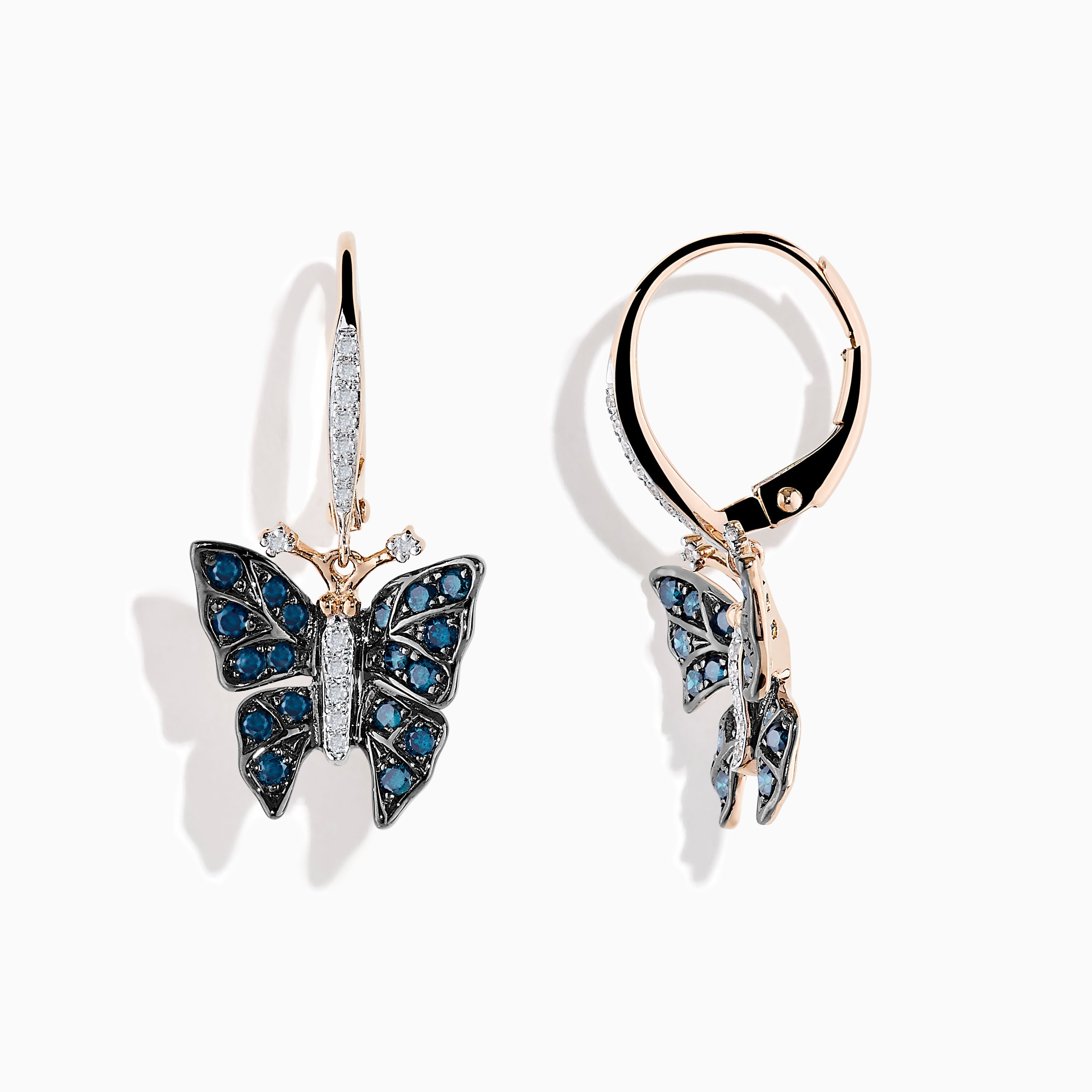 14K Rose Gold White and Blue Diamond Butterfly Earrings