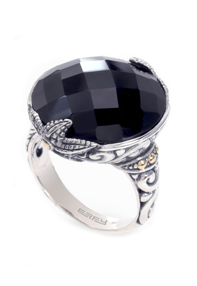 925 Sterling Silver and 18K Yellow Gold Onyx Ring, 12.65 TCW