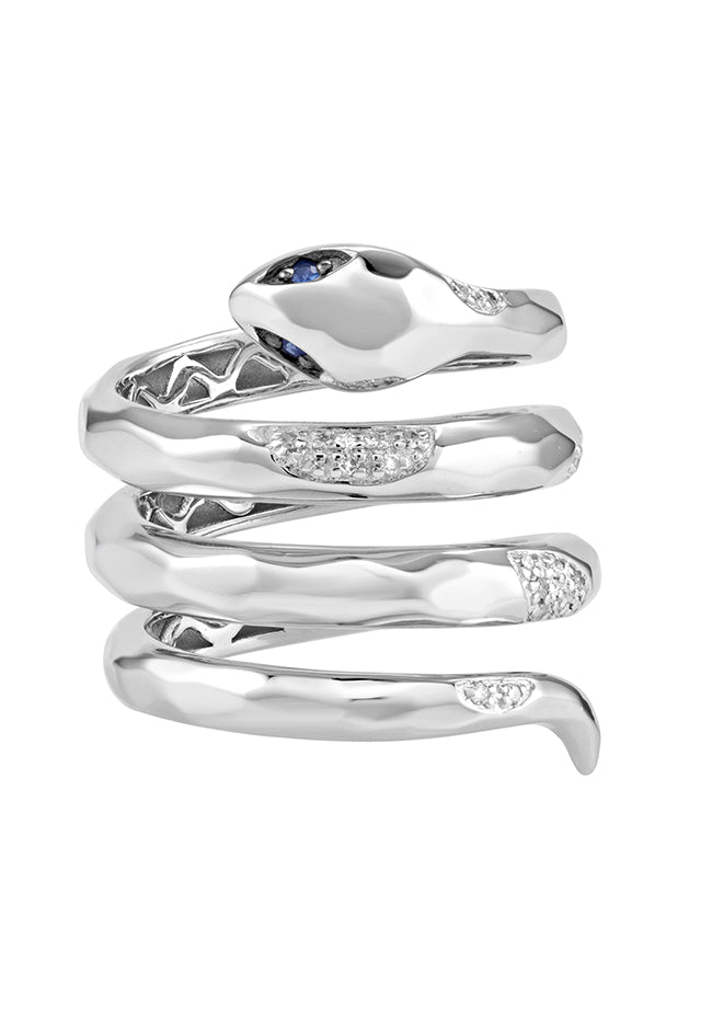 925 Sterling Silver Diamond and Sapphire Snake Ring, 0.12 TCW