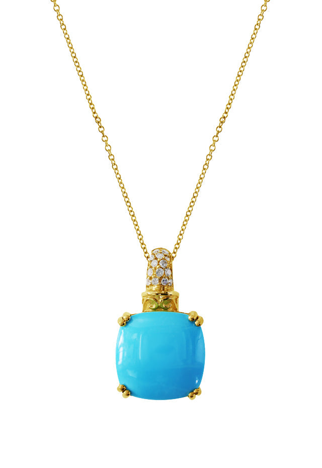 14K Yellow Gold Turquoise and Diamond Pendant, 5.87 TCW