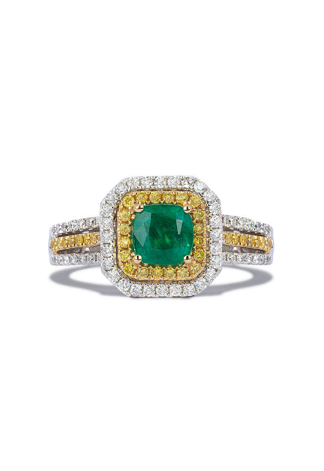 14K Tri-Color Gold Emerald, Yellow & White Diamond Ring, 1.48 TCW