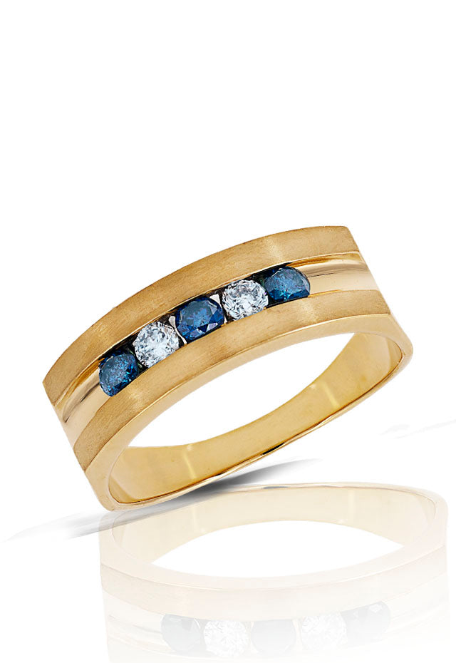 Mens 14K Yellow Gold Blue & White Diamond Ring, .49 TCW