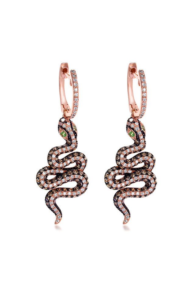 Nature 14K Rose Gold Espresso and White Diamond Snake Earrings, 1.57 TCW