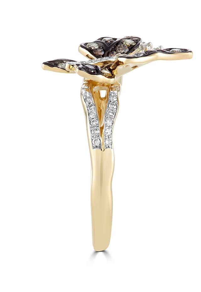 Nature 14K Yellow Gold Espresso & White Diamond Butterfly Ring, 0.45 TCW