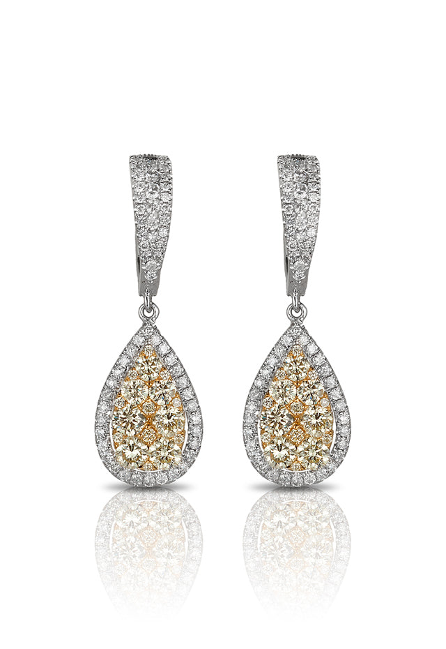 Canare 14K Two-Tone Gold Pear Shaped Yellow Diamond Drop Earrings, 2.07 TCW