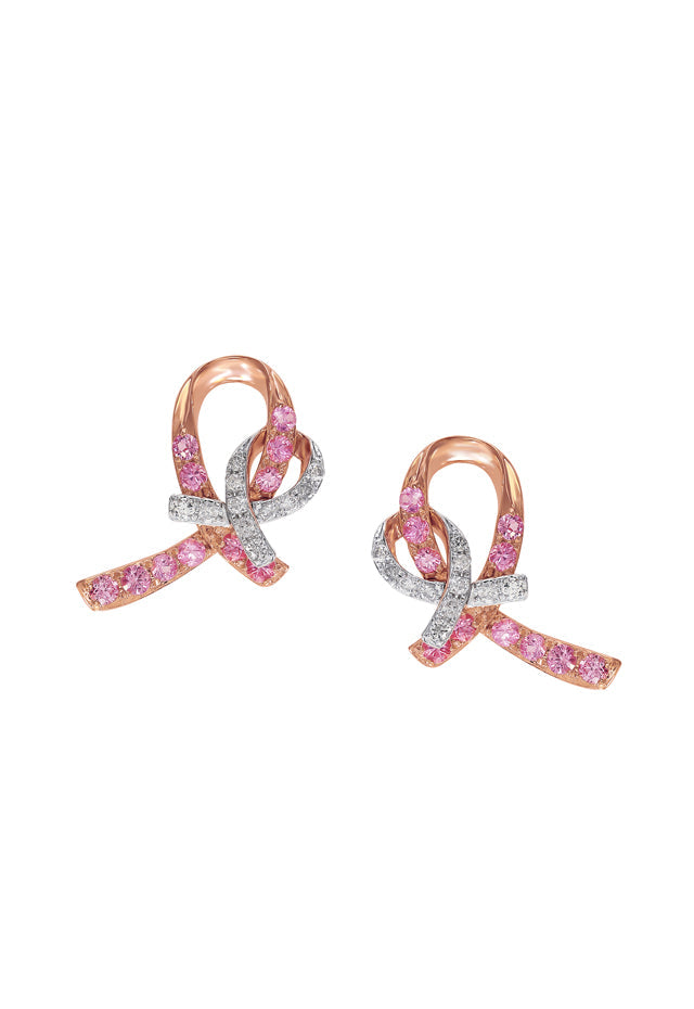 14K Rose Gold Pink Sapphire and Diamond Breast Cancer Awareness Ribbon Earrings, 0.54 TCW