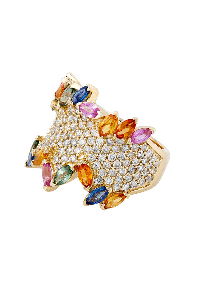 Watercolors 14K Yellow Gold Multi Sapphire and Diamond Ring, 4.60 TCW