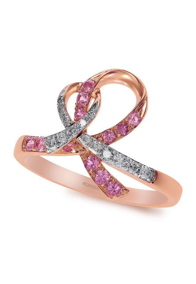 14K Rose Gold Pink Sapphire and Diamond Breast Cancer Awareness Ribbon Ring, 0.38 TCW