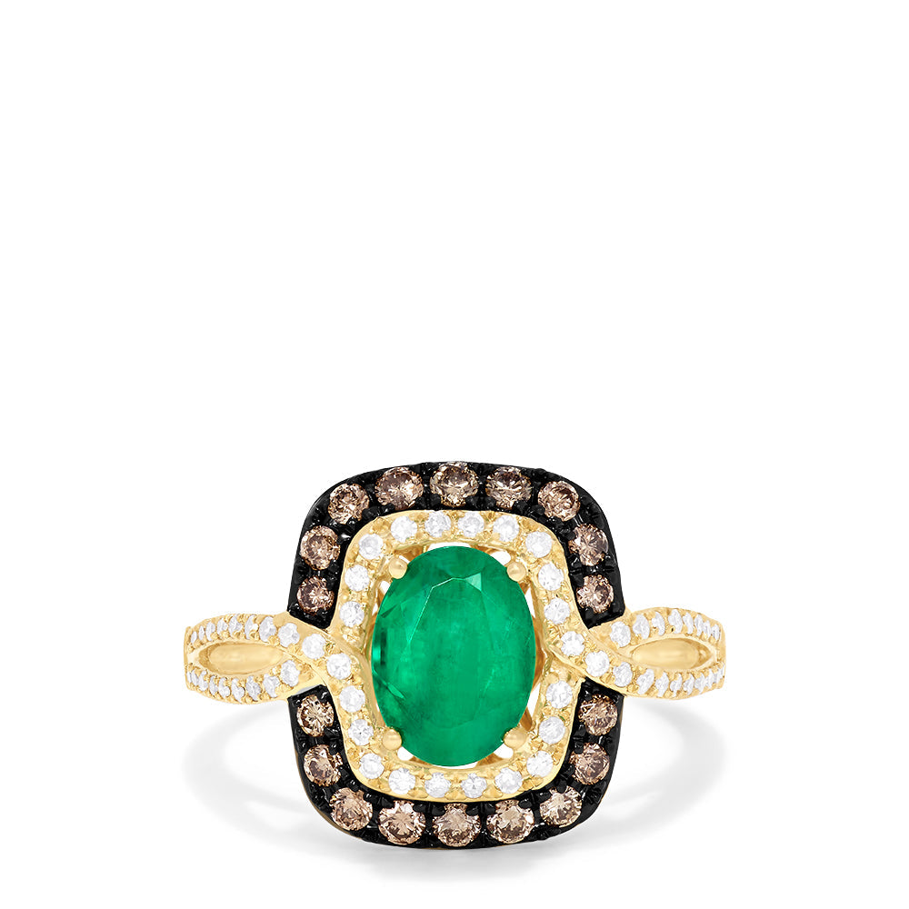 Brasilica 14K Yellow Gold Emerald, Espresso & White Diamond Ring, 1.70 TCW