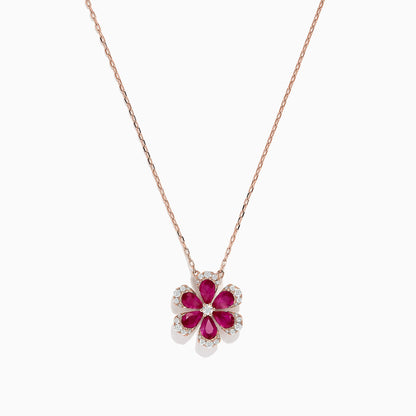 Nature 14K Rose Gold Ruby and Diamond Flower Necklace