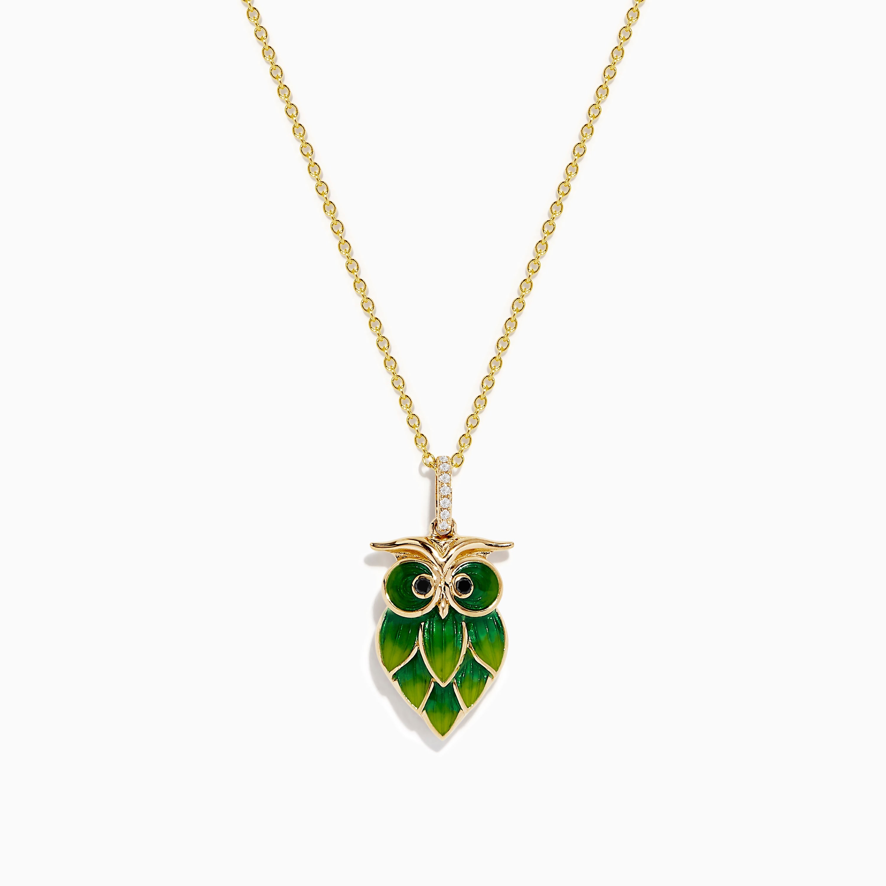 14K Gold Diamond Green and Yellow Enamel Owl Pendant