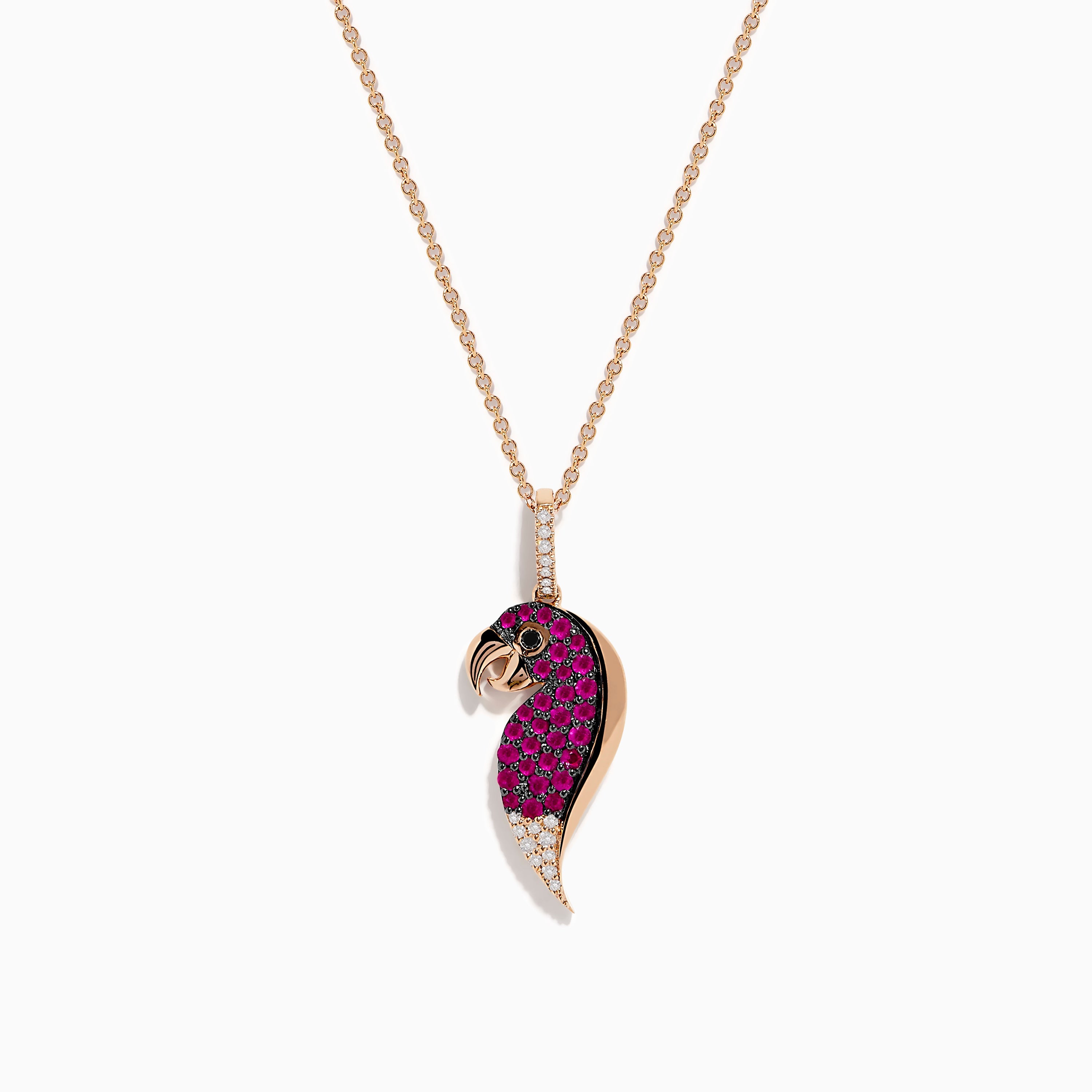 Safari 14K Rose Gold Ruby, White and Black Diamond Parrot Pendant