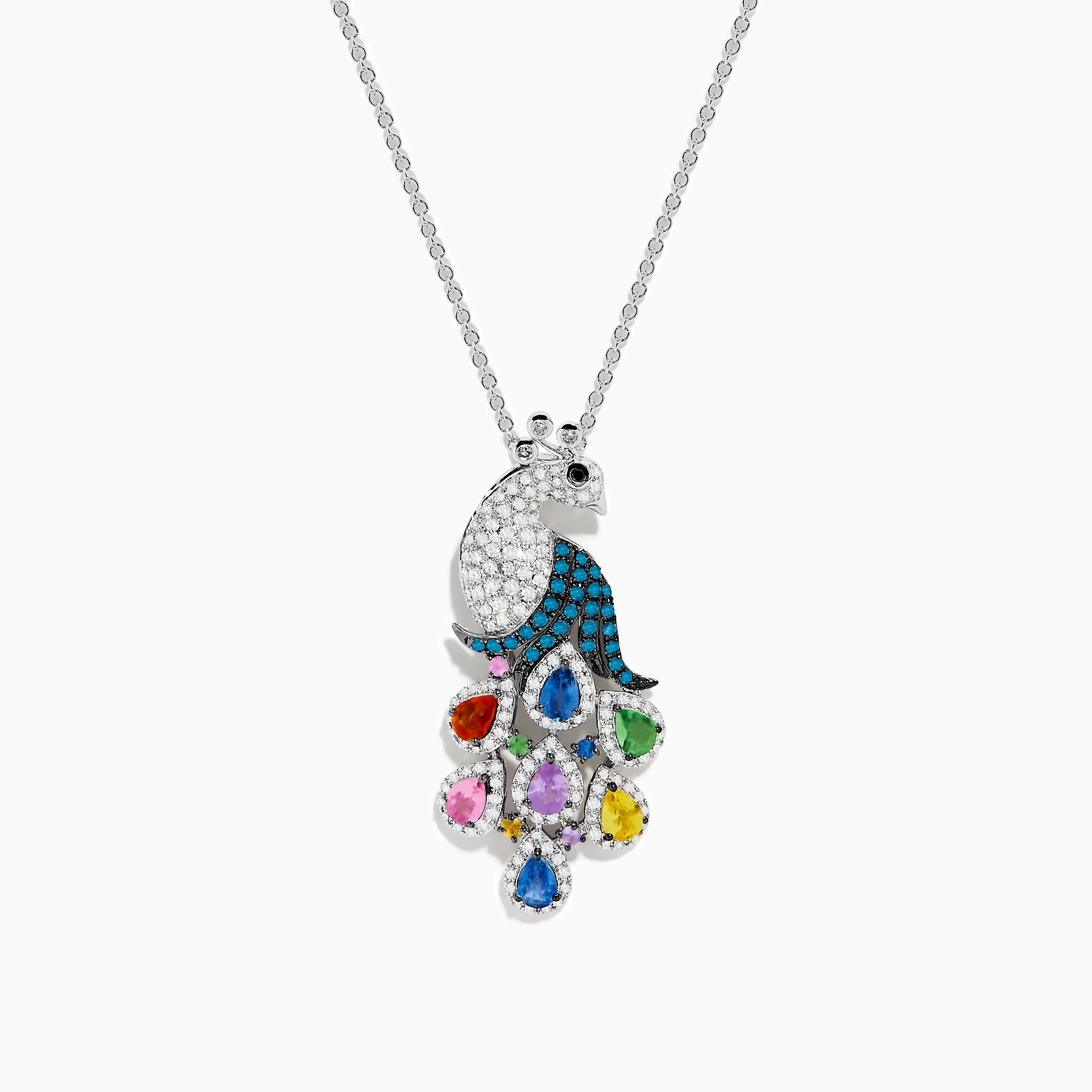 14K White Gold Multi Color Diamond and Sapphire Peacock Pendant