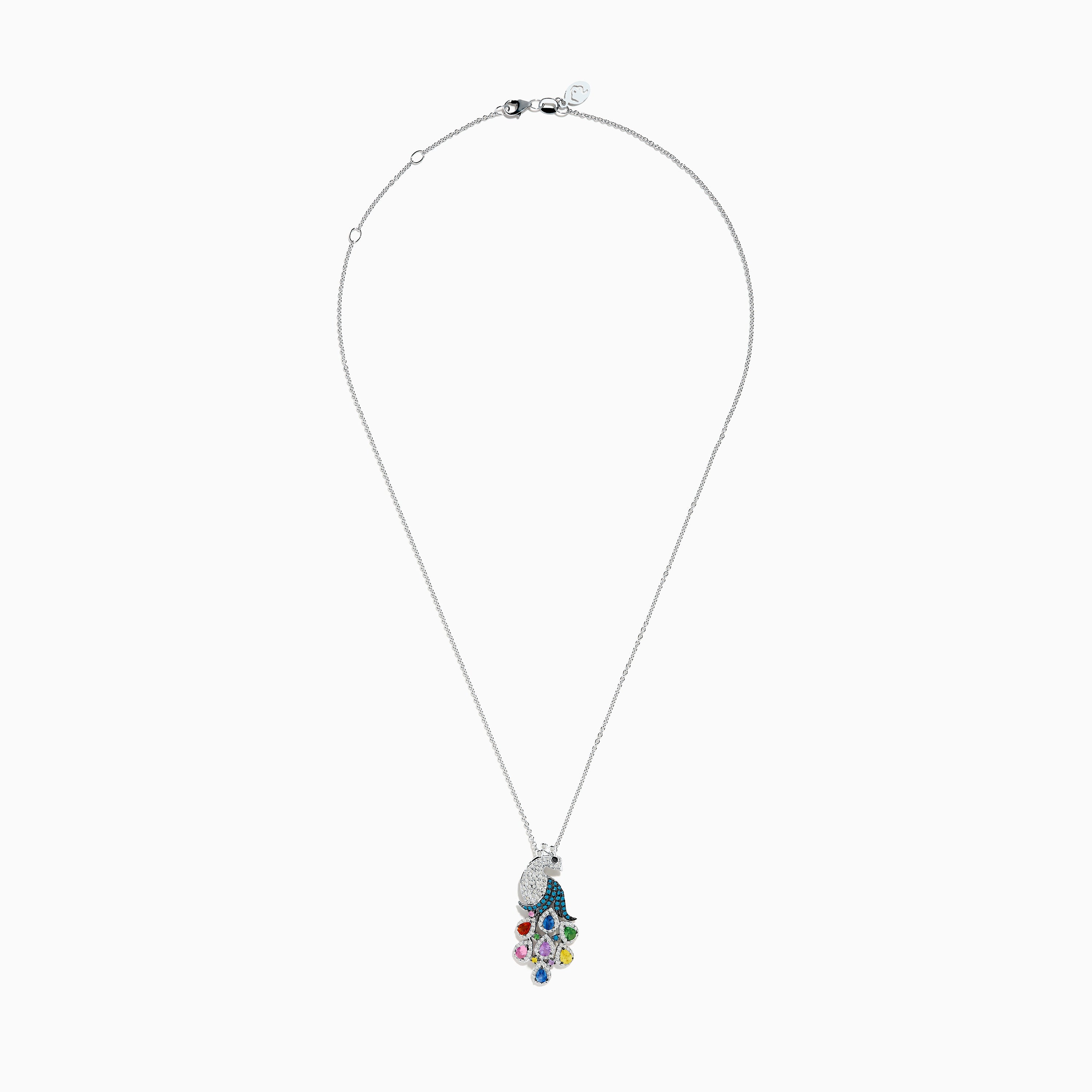 14K White Gold Multi Color Diamond and Sapphire Peacock Pendant