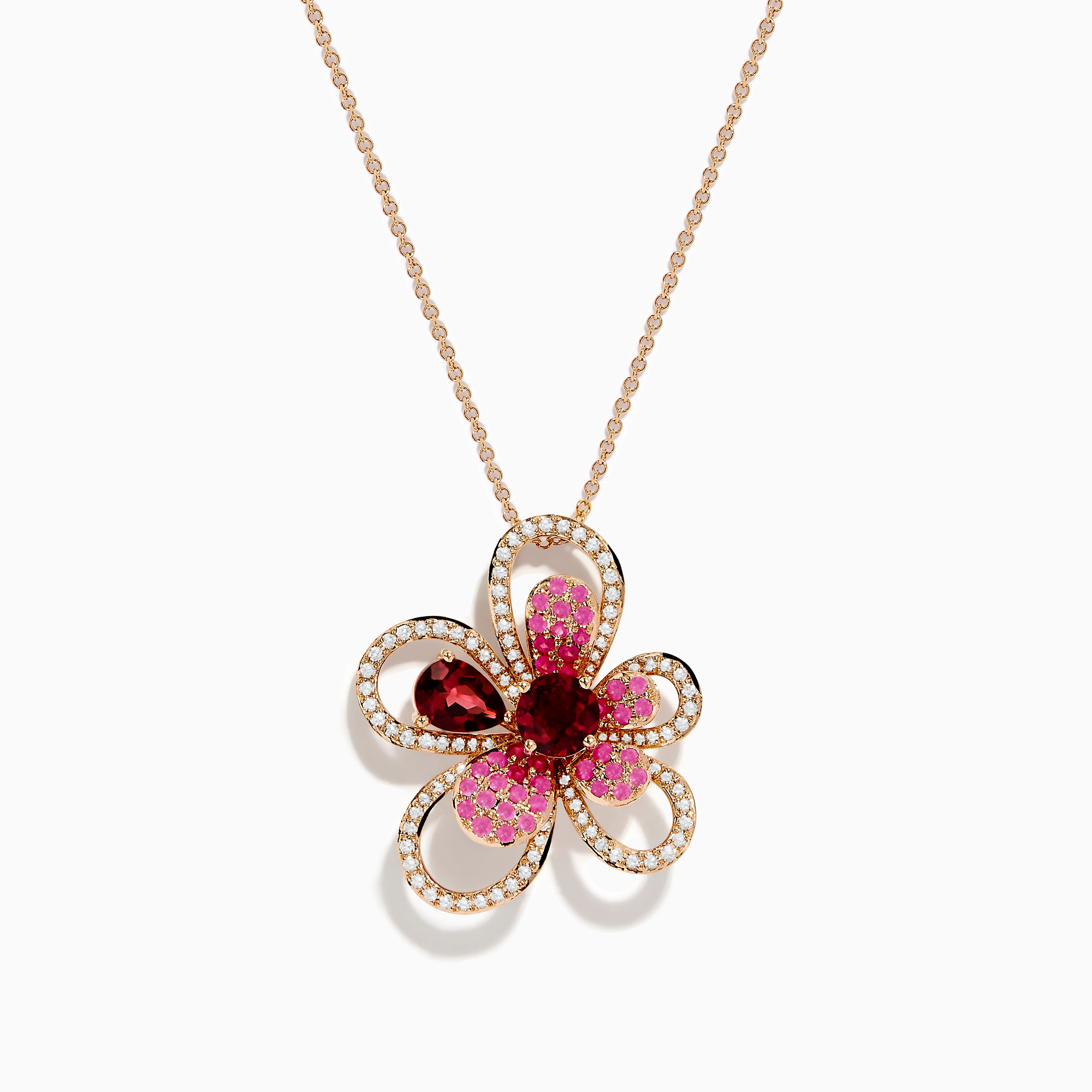 Nature 14K Rose Gold Rhodolite Pink Sapphire and Diamond Flower Pendant