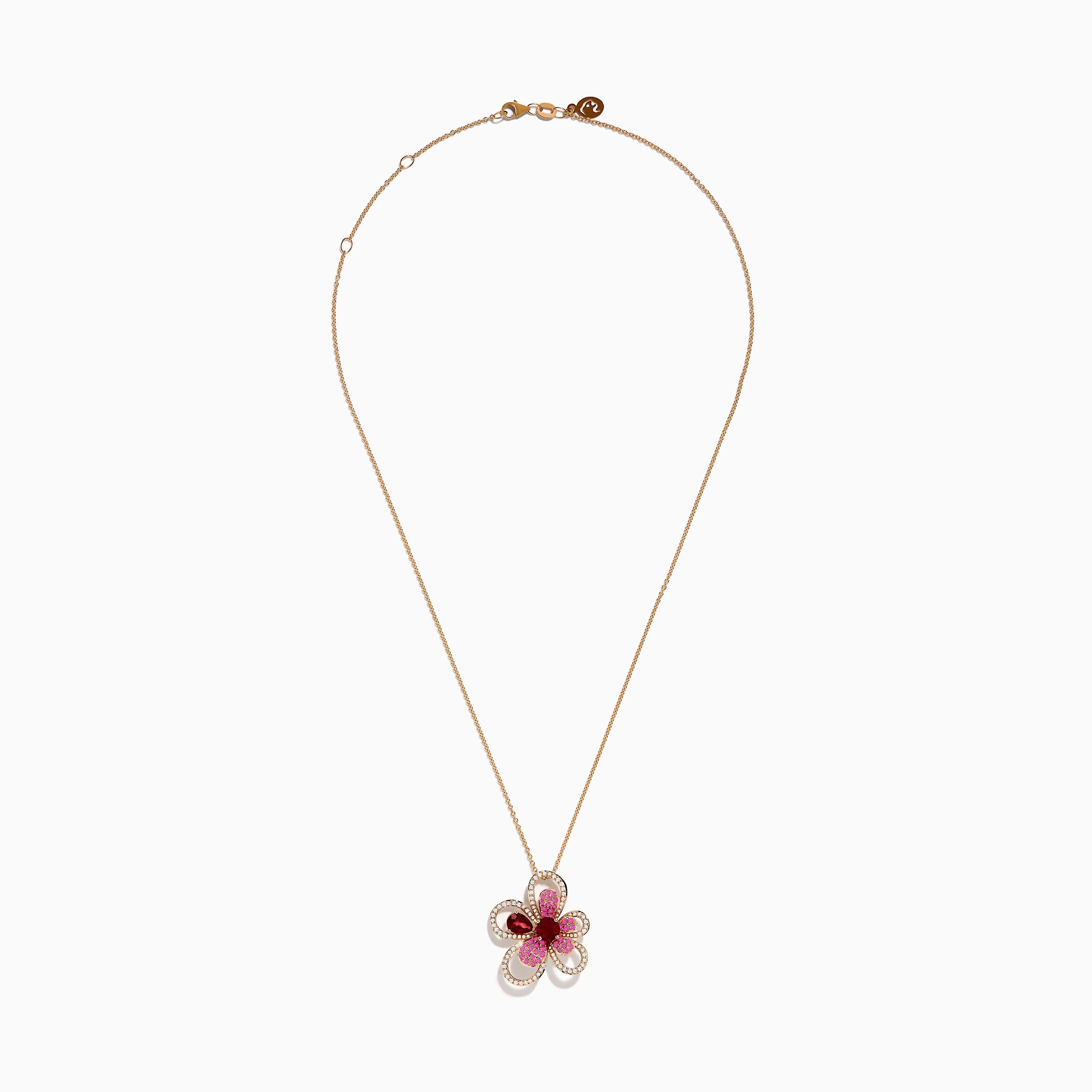 Nature 14K Rose Gold Rhodolite Pink Sapphire and Diamond Flower Pendant