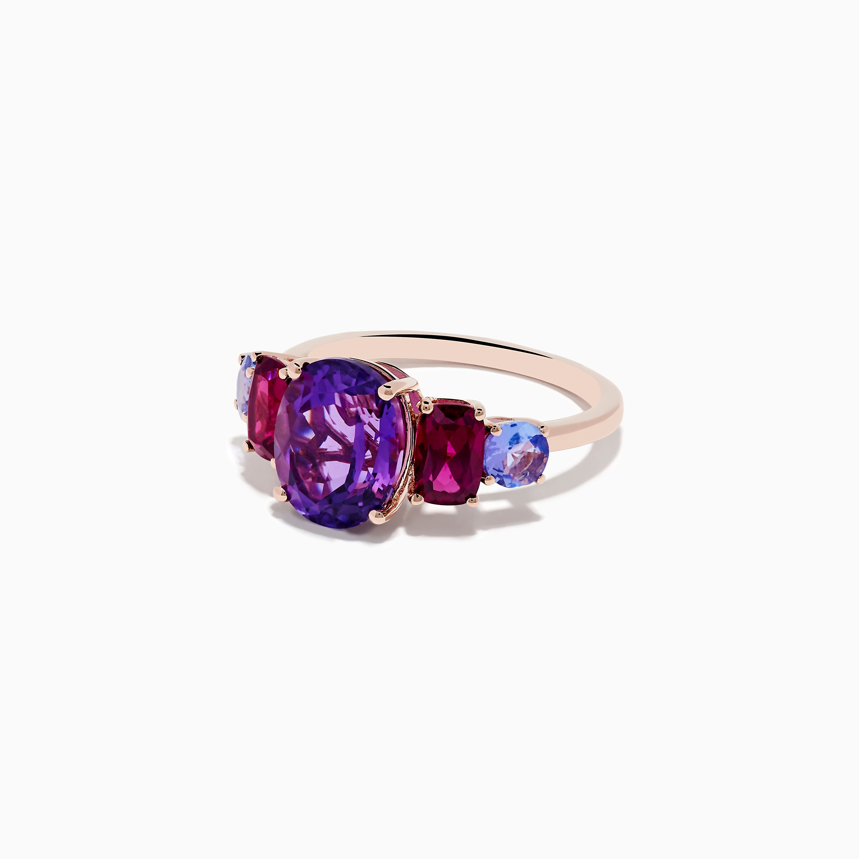 14K Rose Gold Amethyst, Rhodolite, and Tanzanite Ring