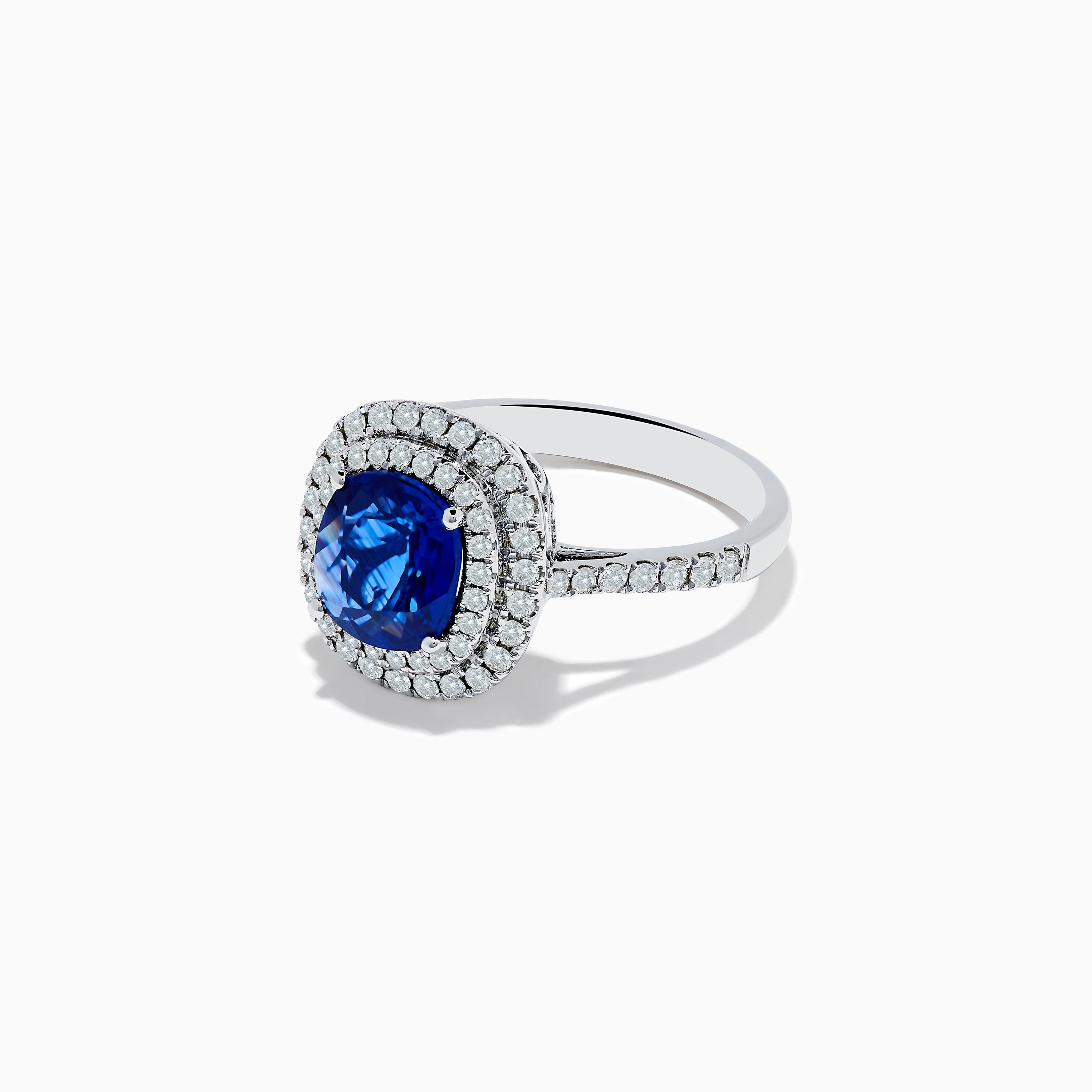 18K White Gold Blue Sapphire and Diamond Double Halo Ring