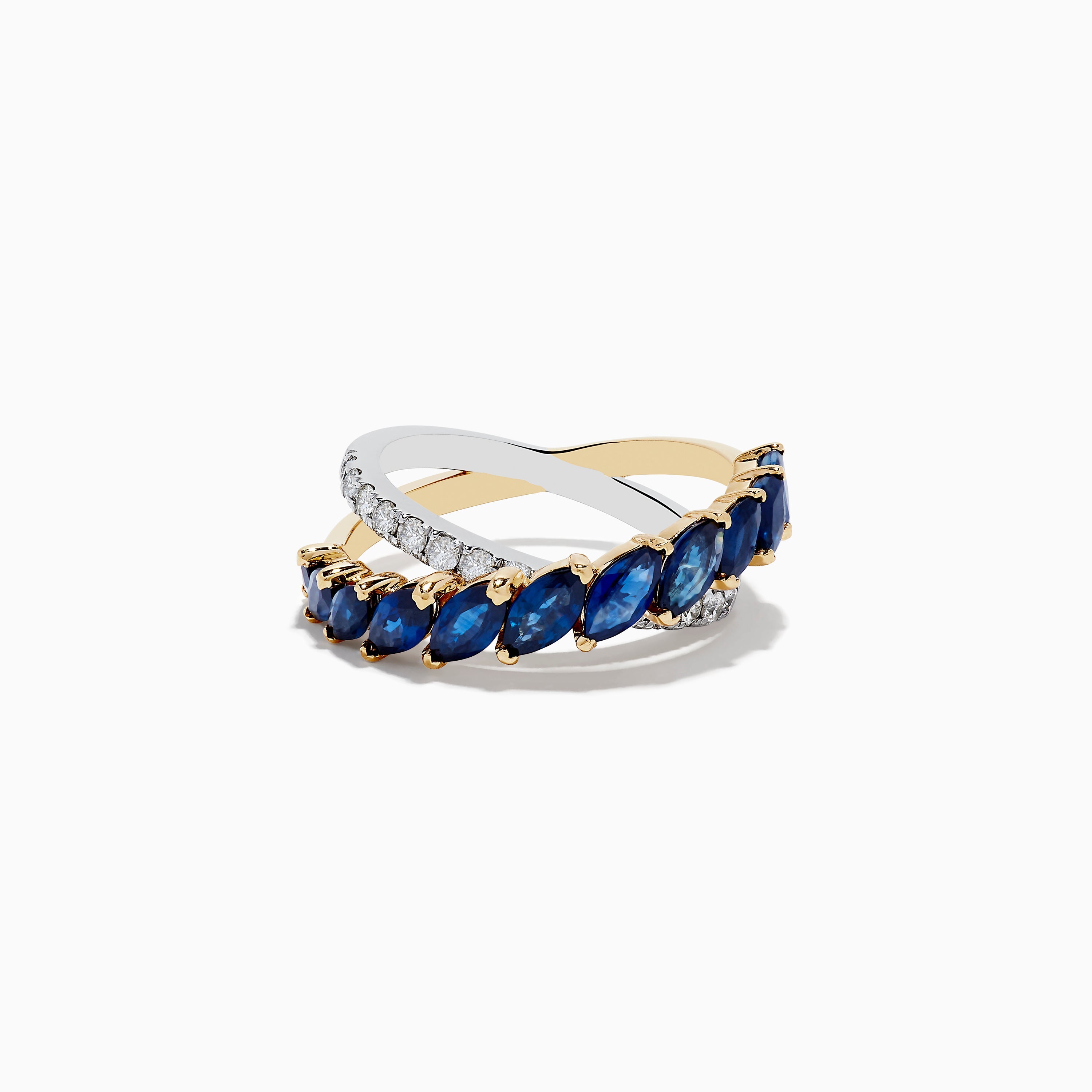 14K Two-Tone Gold Blue Sapphire and Diamond Crossover Ring