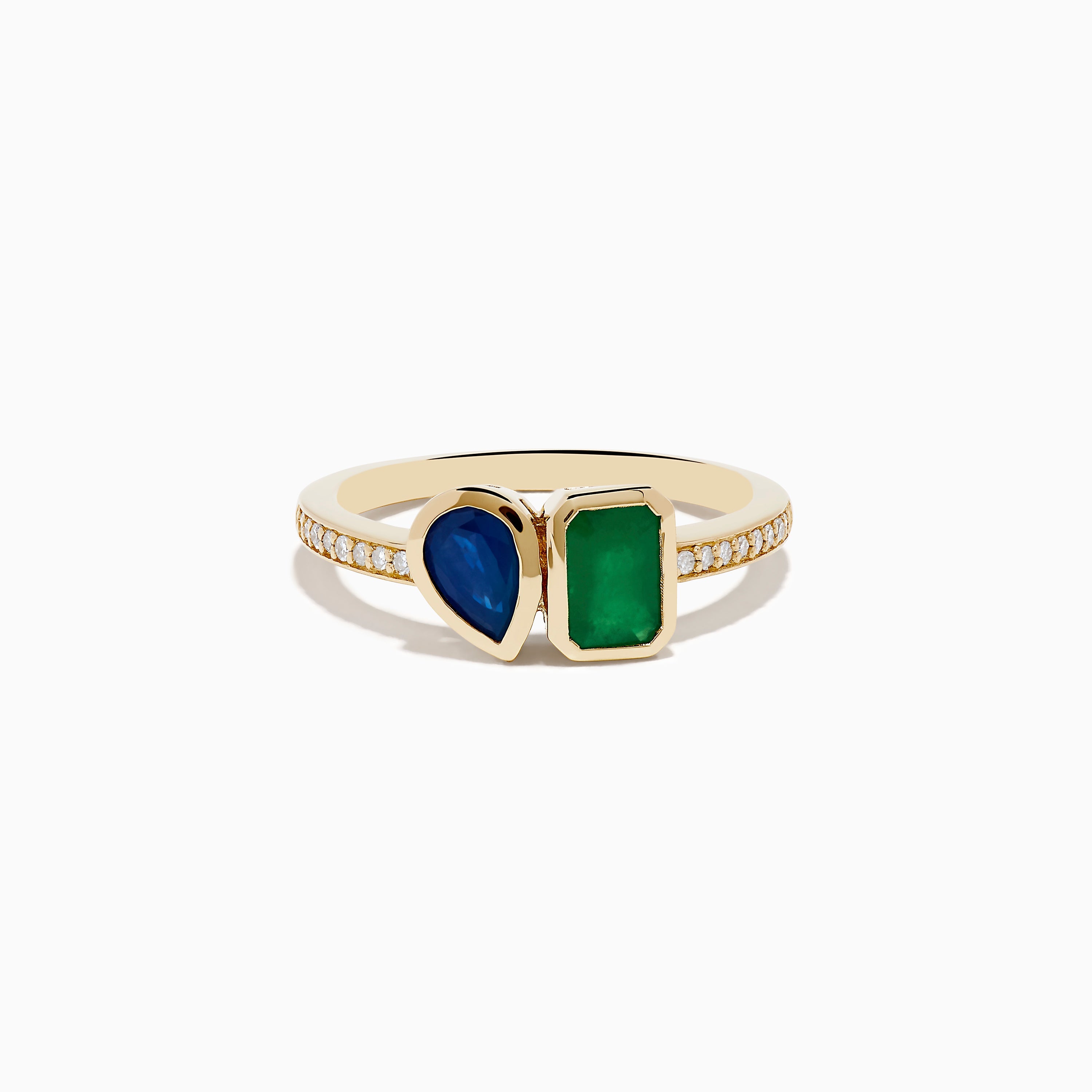 14K Yellow Gold Emerald and Sapphire Toi Et Moi Diamond Ring