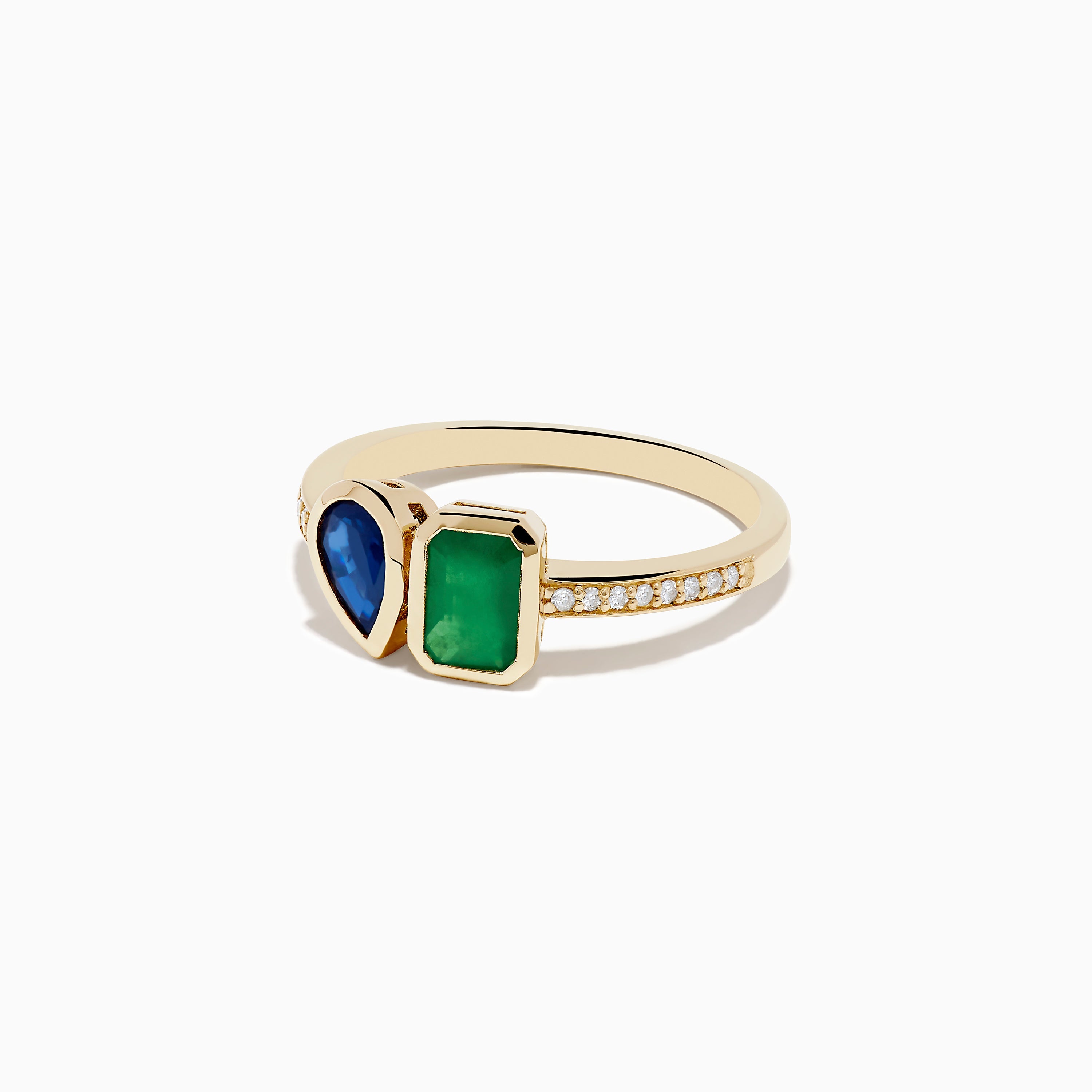 14K Yellow Gold Emerald and Sapphire Toi Et Moi Diamond Ring