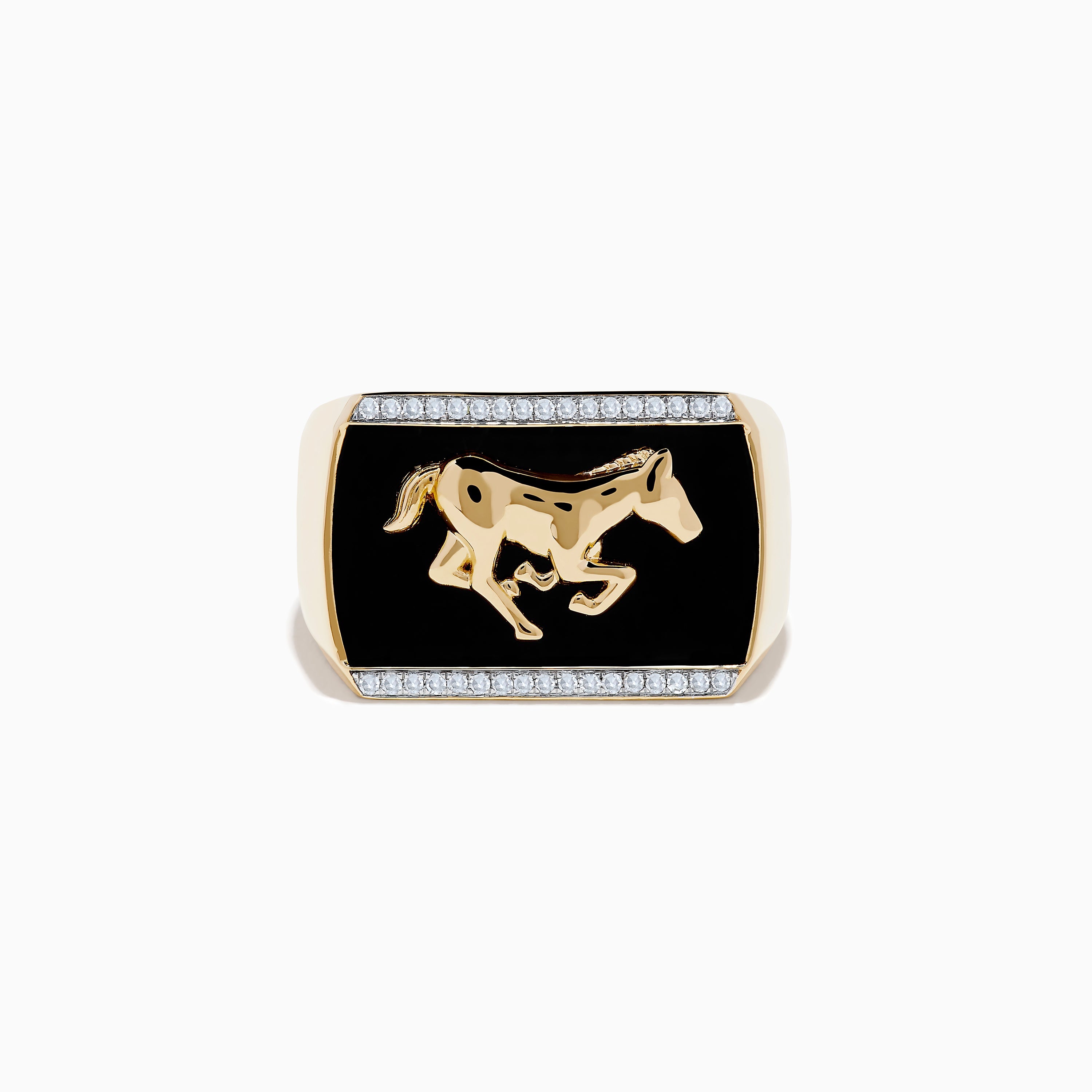 Men's 14K Yellow Gold Onyx and Diamond Running Horse Ring