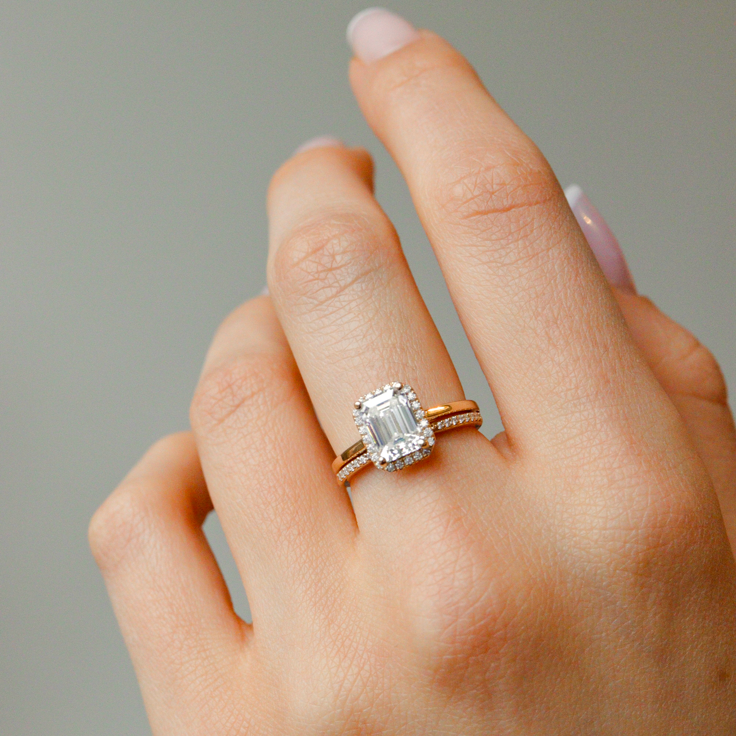 Eva Halo Engagement Ring, Emerald Cut With Cathedral