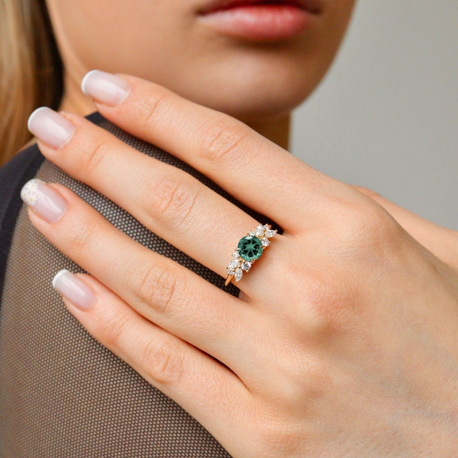 Anna's Dream Round Lab Emerald Cluster Engagement Ring