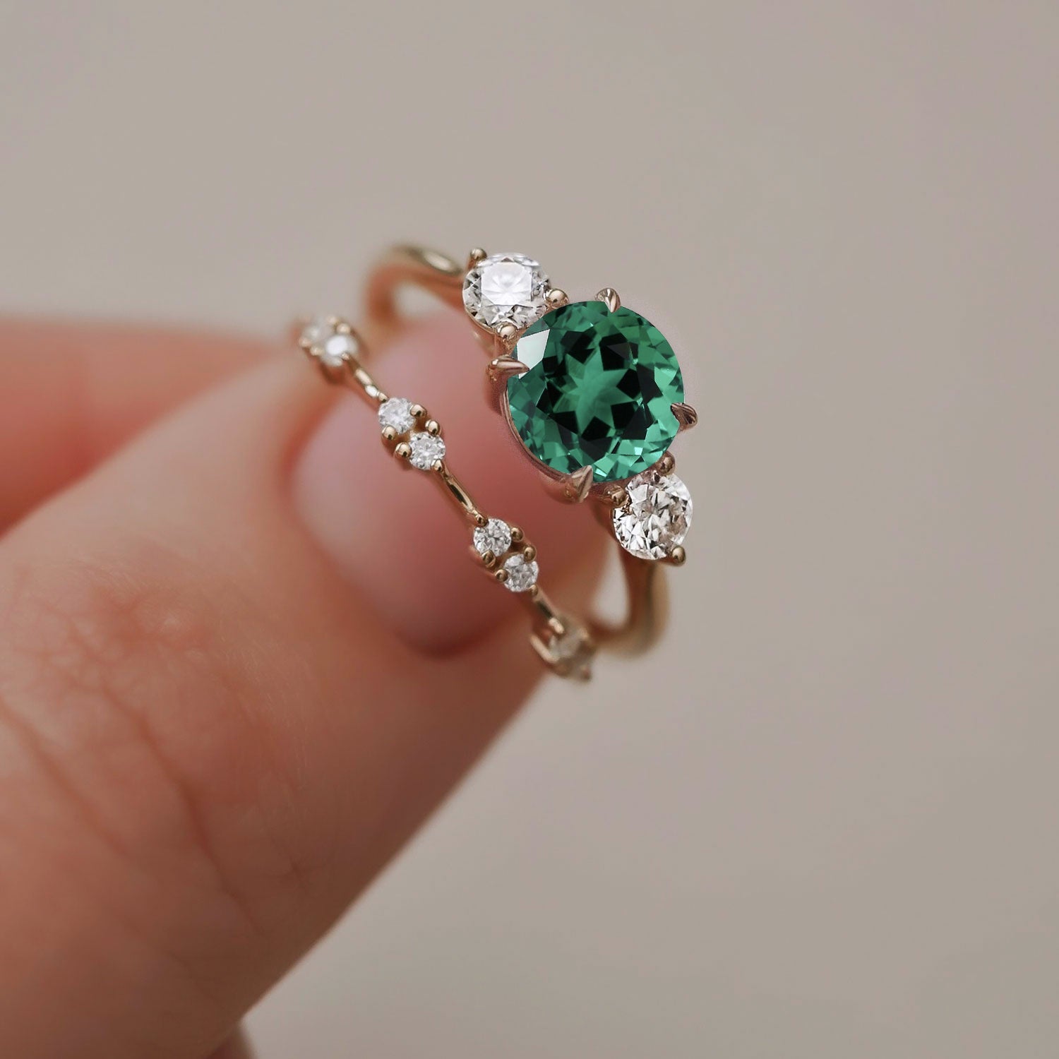 Sofia Round Lab Emerald Three Stone Engagement Ring