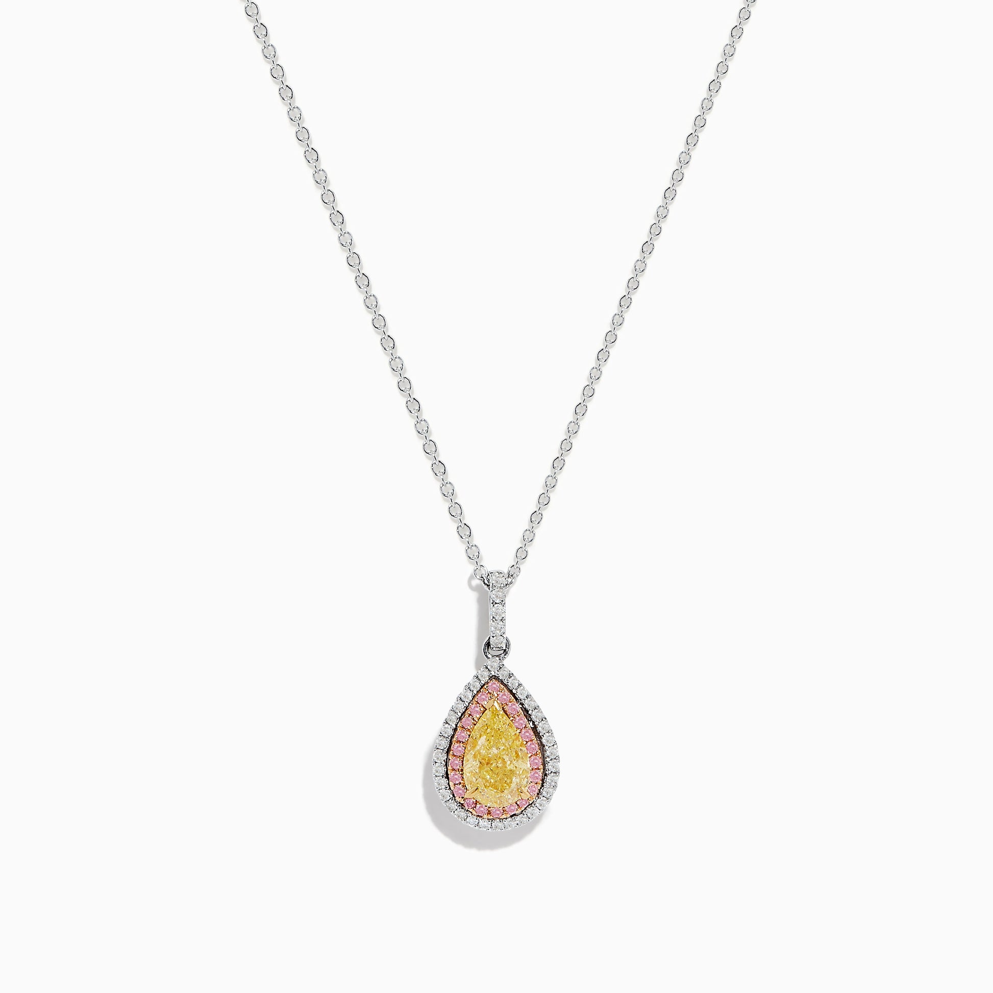 14K Three Tone Gold Pear Shaped Yellow Diamond and Pink Diamond Halo Pendant