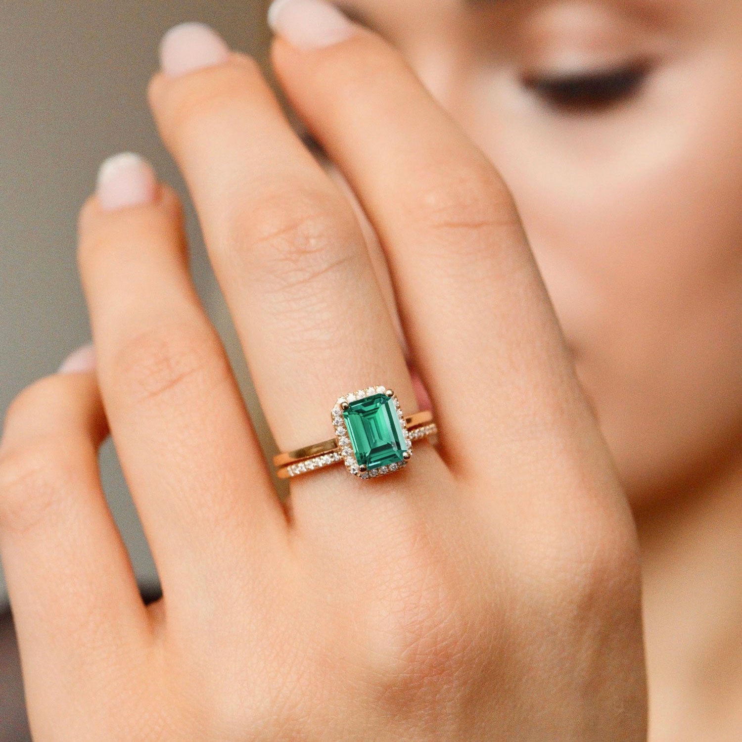 Eva Lab Emerald Halo Cathedral Engagement Ring, Emerald Cut