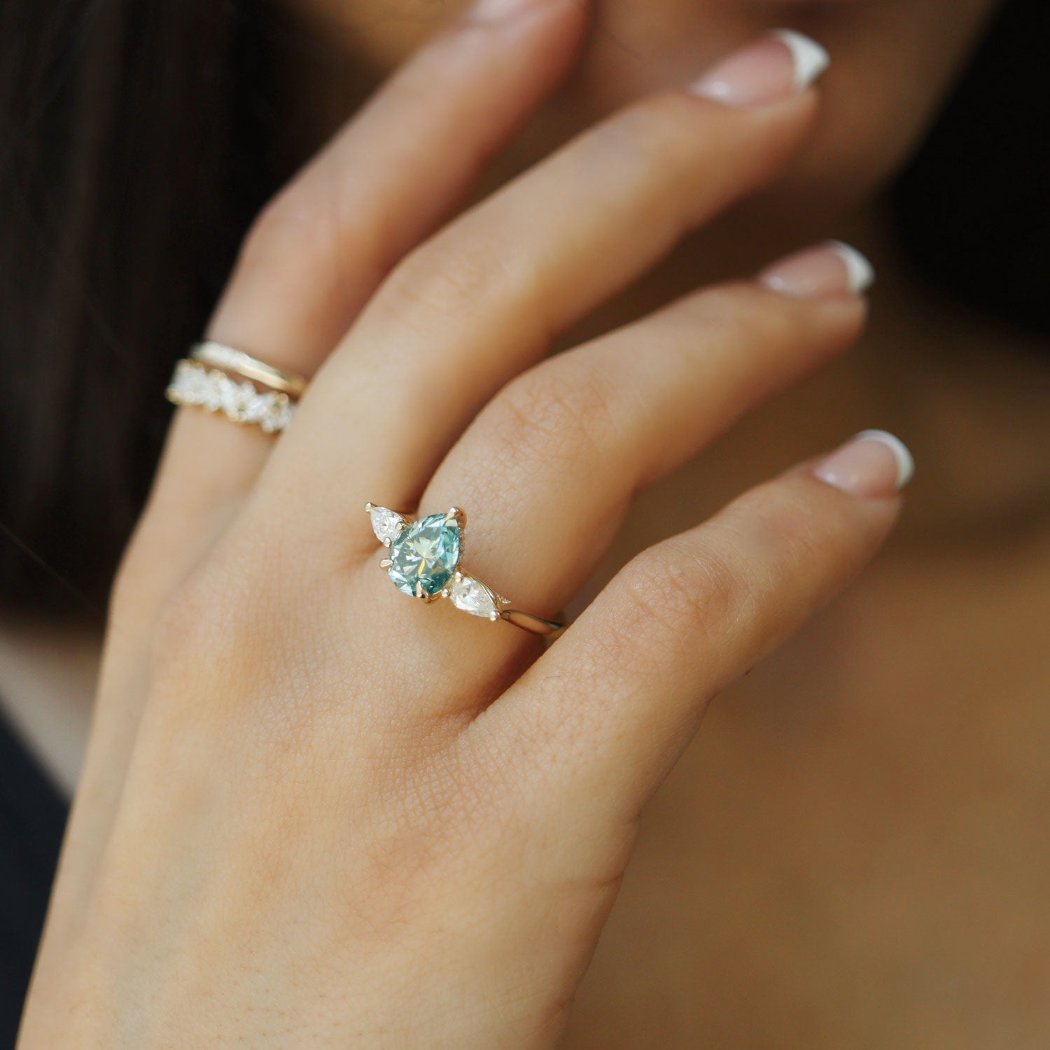 Purity Petal Hidden Halo Three Stone Engagement Ring, Cyan Green Moissanite