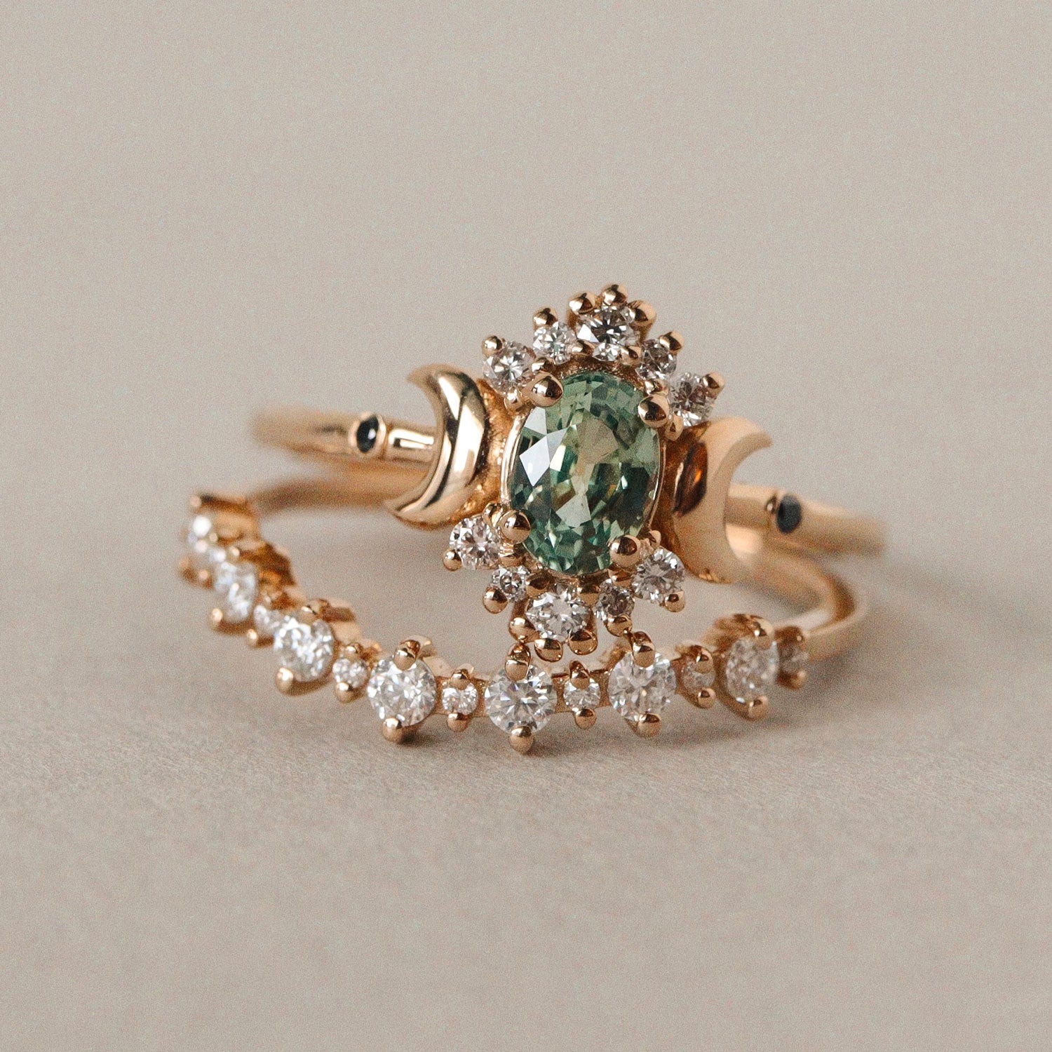 Endless Love Green Sapphire Moon Ring, Halo With Doom Moon