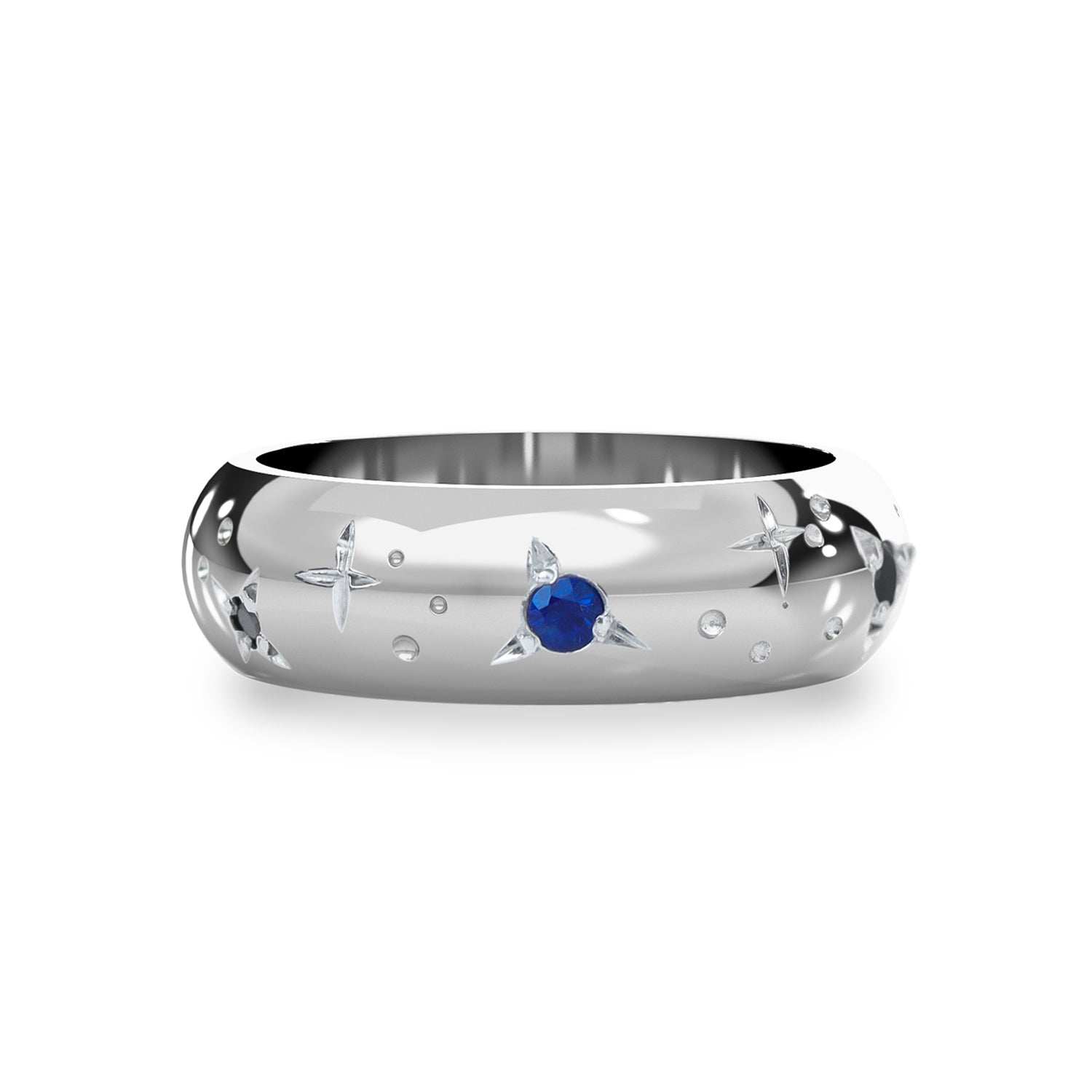 Hand Engrave Night Treasure Puffy Band Ring, Sapphire & Diamond