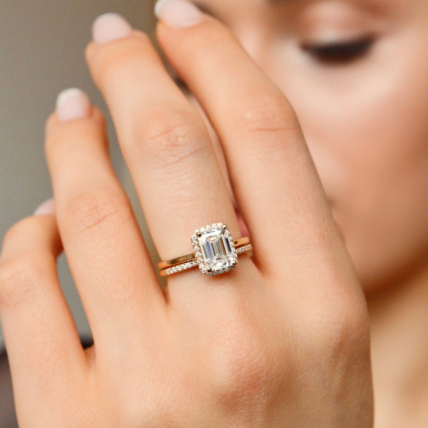 Eva Halo Engagement Ring, Emerald Cut With Cathedral