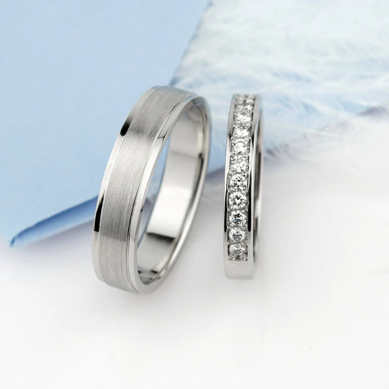 White Gold Couple Wedding Bands – Diamond Wedding Rings, Solid Gold, Handmade