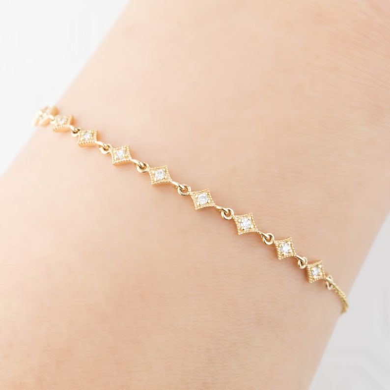 Diamond star chain bracelet, dainty diamond star bracelet, multi charm, antique inspired bracelet 14k gold, rose gold, white gold