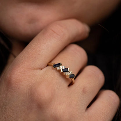 Art Deco Blue Sapphire Diamond Ring 14K Gold Baguette - Anniversary Gift for Women gorgeous Ring