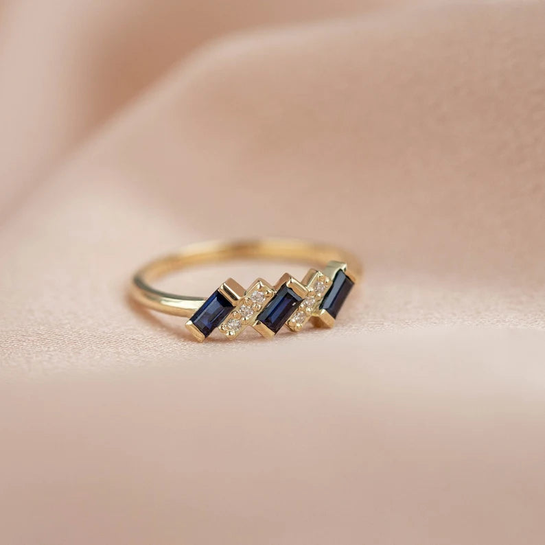 Art Deco Blue Sapphire Diamond Ring 14K Gold Baguette - Anniversary Gift for Women gorgeous Ring