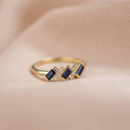 Art Deco Blue Sapphire Diamond Ring 14K Gold Baguette - Anniversary Gift for Women gorgeous Ring