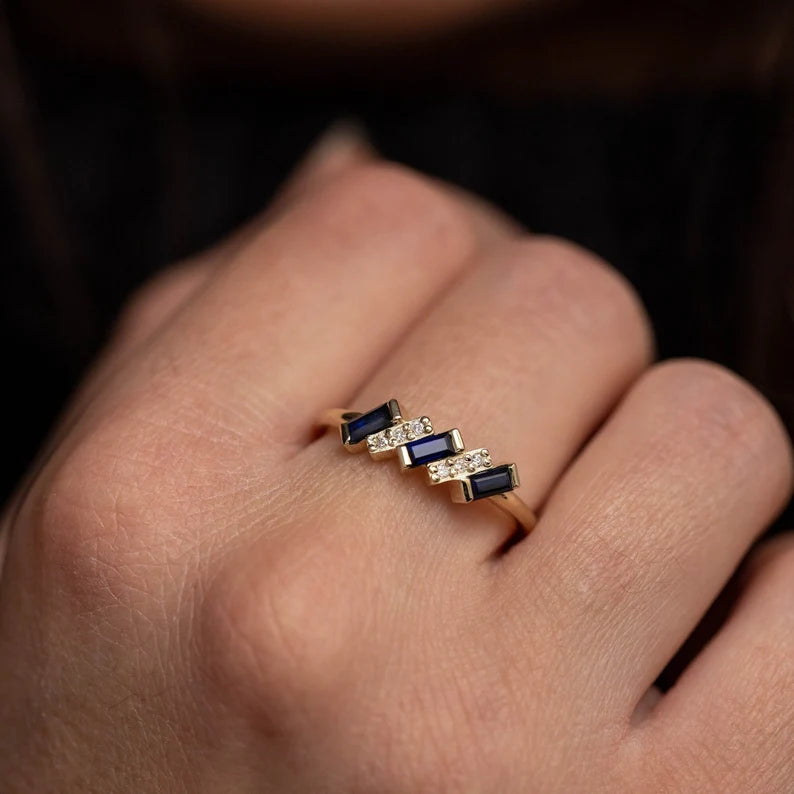 Art Deco Blue Sapphire Diamond Ring 14K Gold Baguette - Anniversary Gift for Women gorgeous Ring